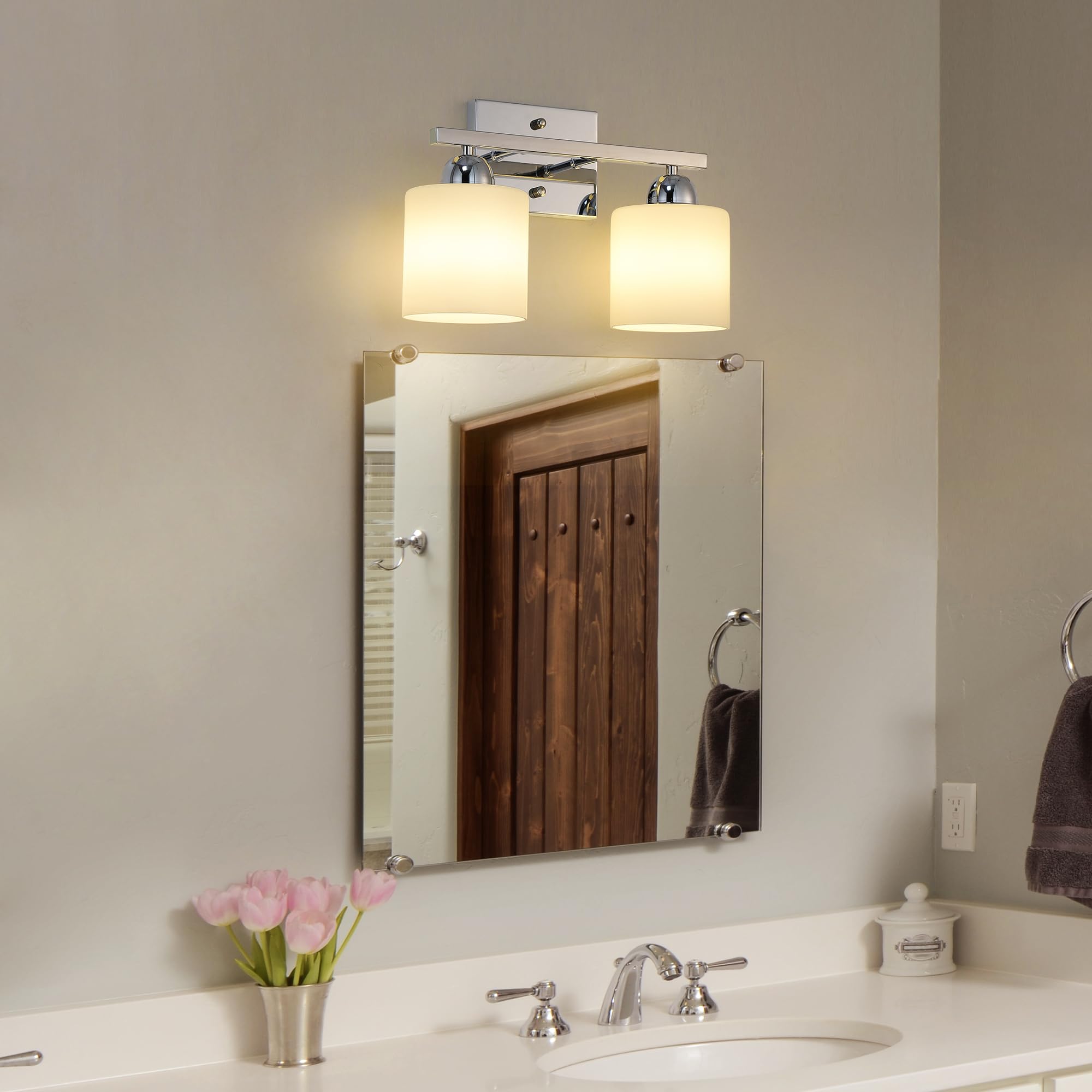 Mecgirn Stainless Steel 2 Light Bathroom Vanity Light Fixture, Silver Chrome with Frosted Glass - Model B0003-2-Chrome