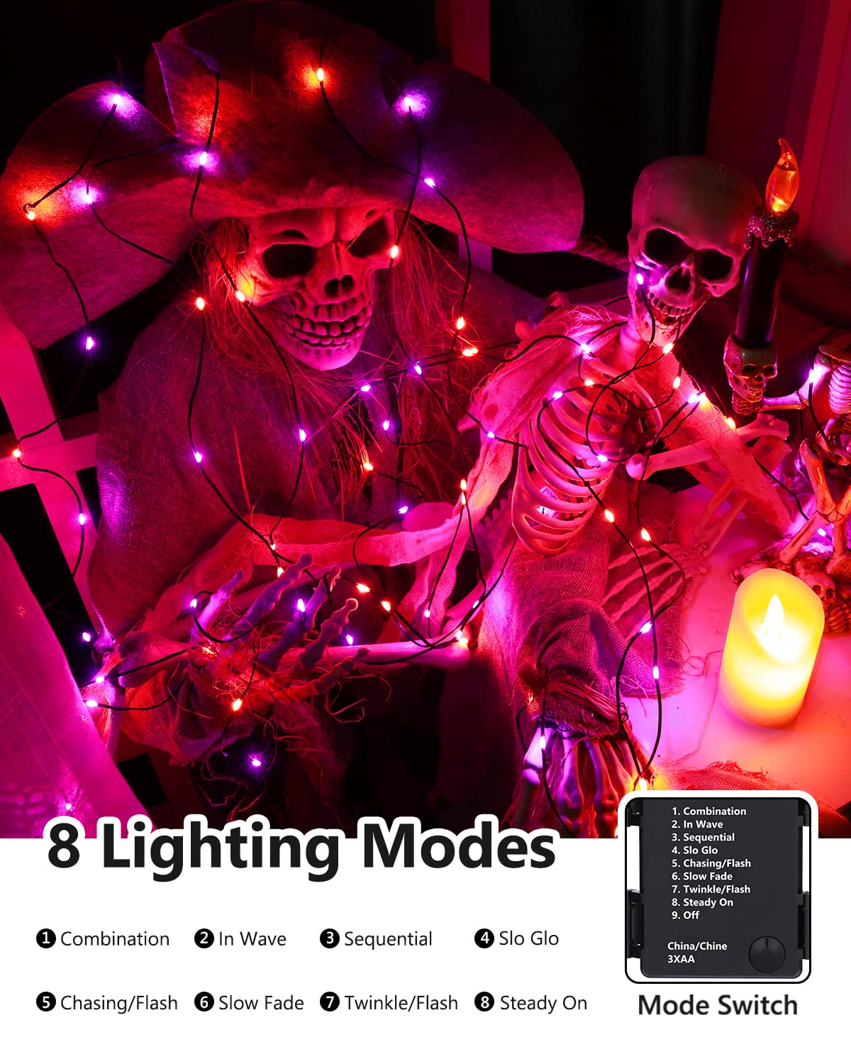 Brizled Halloween Lights, 50 LED, 17.38ft, Battery Operated, Timer, 8 Modes, Black Wire, Purple & Orange, Indoor Outdoor Decor