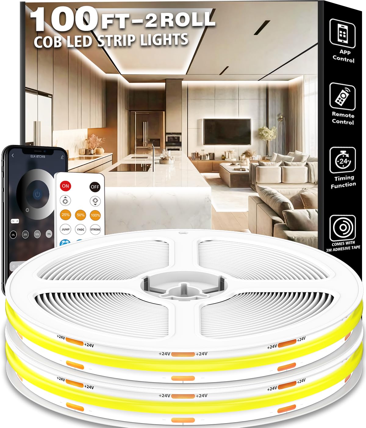 Talkhigh 100FT COB LED Strip Lights, 6500K Bright White, App/Remote Control, Indoor Use, Cuttable for Cabinet, Showcase, Kitchen