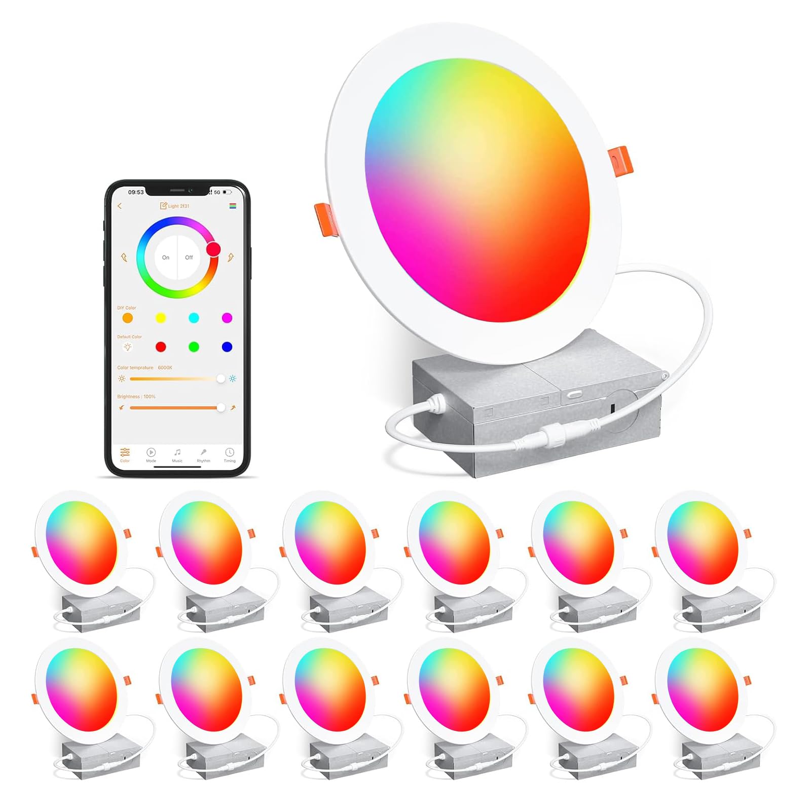 Recessed Lighting 6 Inch Rgbcw Color Changing Smart Recessed Ceiling Lights 16W 1350Lm Led Downlights Dimmable By Alexa & App, 2