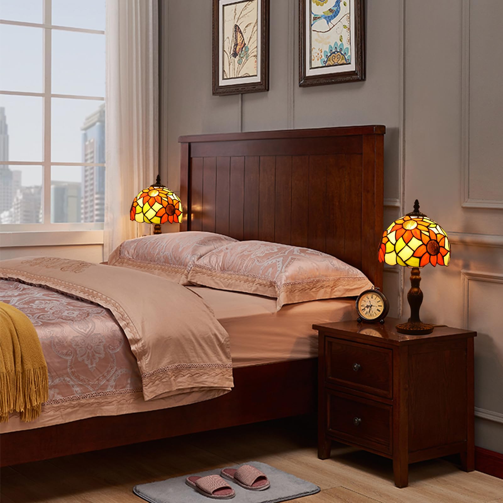 Fumat Tiffany Small Table Lamp Sunflower 3-Way Color Temperatures Stained Glass Table Lamps For Living Room,8X8X15Inch Bedroom B