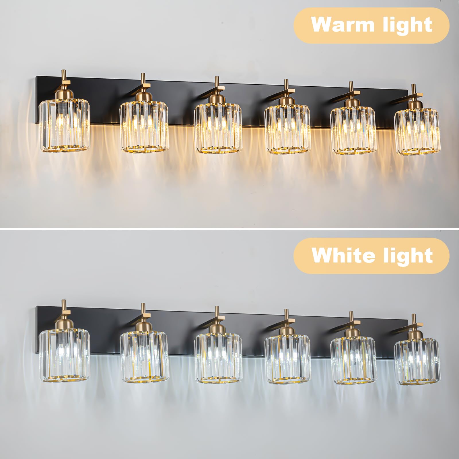 HUOKU 6-Light Crystal Bathroom Vanity Light Fixture, Metal & Crystal, Black Gold Finish