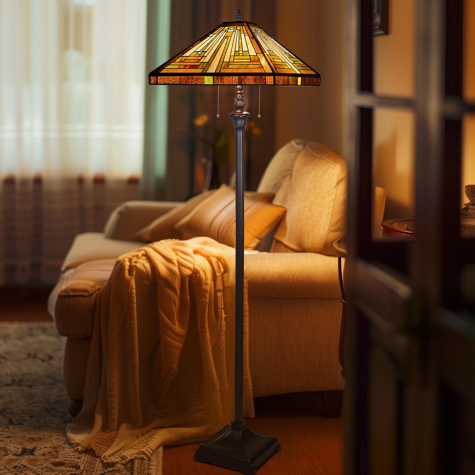 Capulina Tiffany Lamp 2-Light Stained Glass Floor Lamp 63" Amber Brown Mission Style for Living Room Bedroom Office CL188801FL