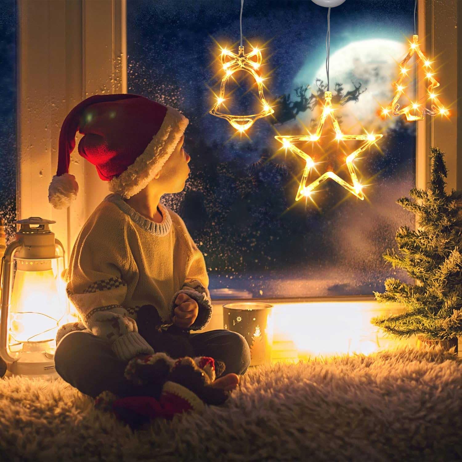 Muyun Christmas Window Decorations,3Pcs Christmas Window Lights Battery Powered Star&Jingle Bell&Xmas Tree Hanging Christmas Lights With Suction Cup Hook,Timer For New Year,Home,Party(Warm White