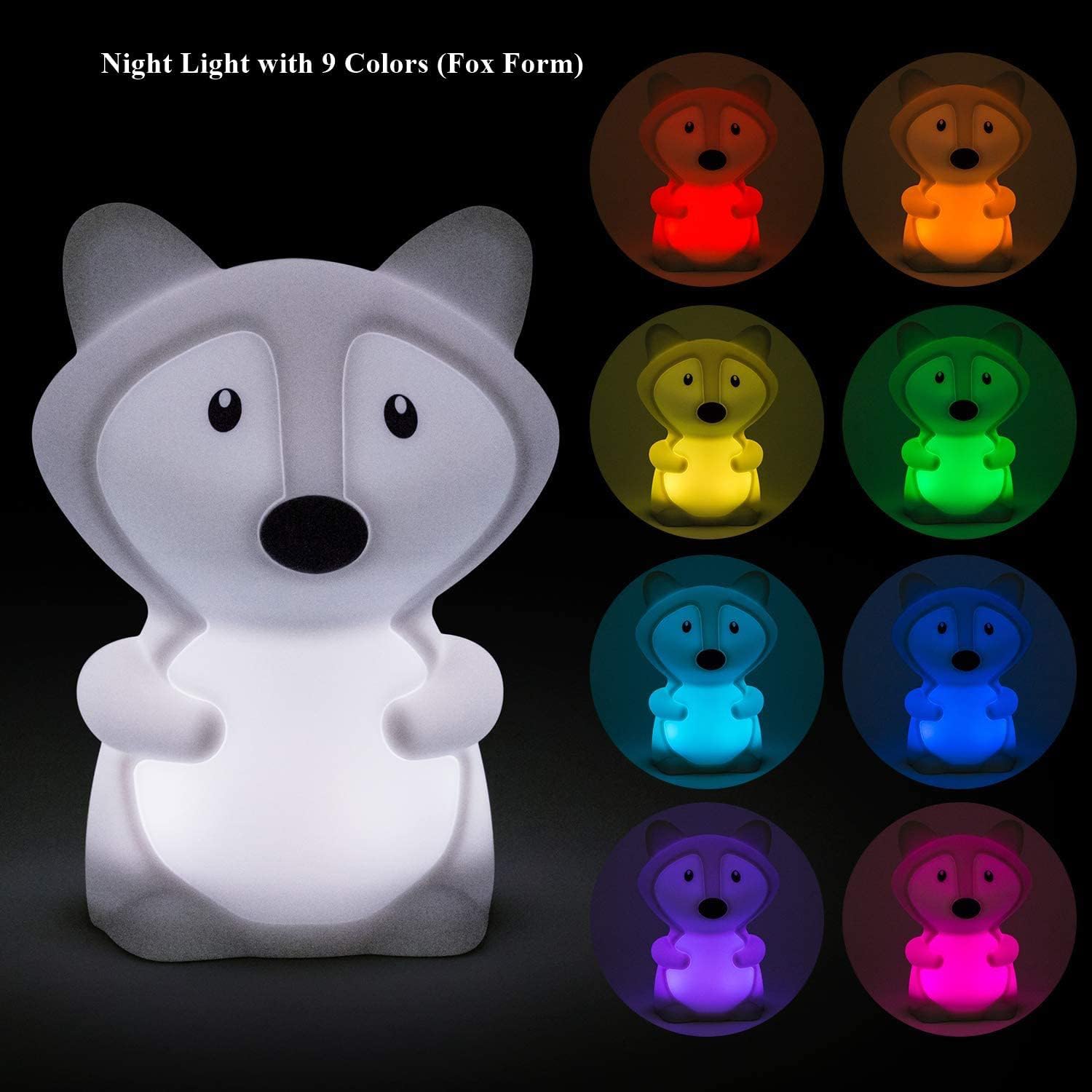 Tianhaixing Fox Kids Night Light, LED Rechargeable Child Lamp, RGB 9 Colors, Touch Control, Silicone, White, Model THX8858