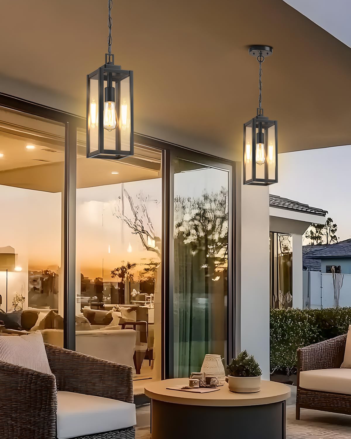 MYHXQ 15" Motion Sensor Outdoor Pendant Light, Black Aluminum Chandelier for Porch & Yard, Model MY-CL216A-BK