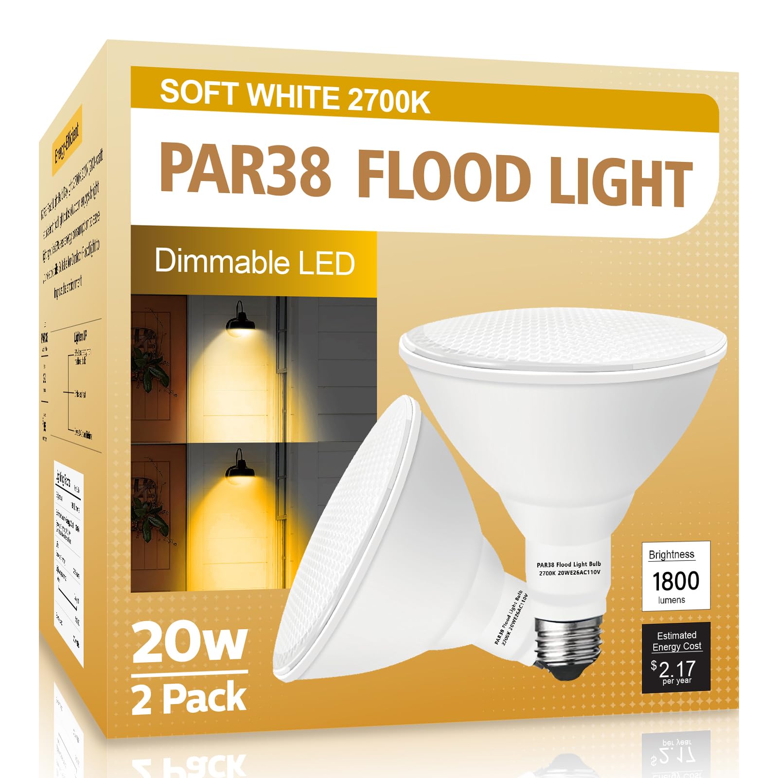 LOXYEE PAR38 LED Outdoor Flood Light Bulbs 2 Pack - 20W (200W Equivalent), E26 Base, 2700K Soft White, 1800 Lumens, Non