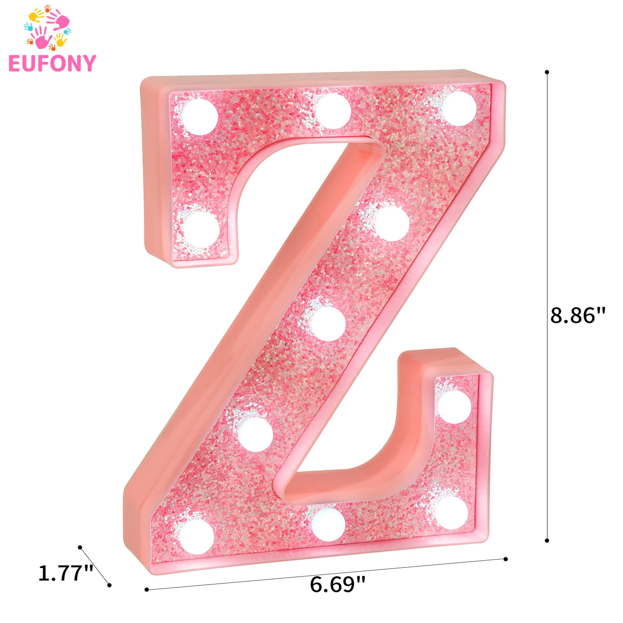 EUFONY Pink Glitter LED Marquee Light Up Letter Z with Cool White Lights, Battery-Powered Alphabet Letter Sign for Girls Gift, B