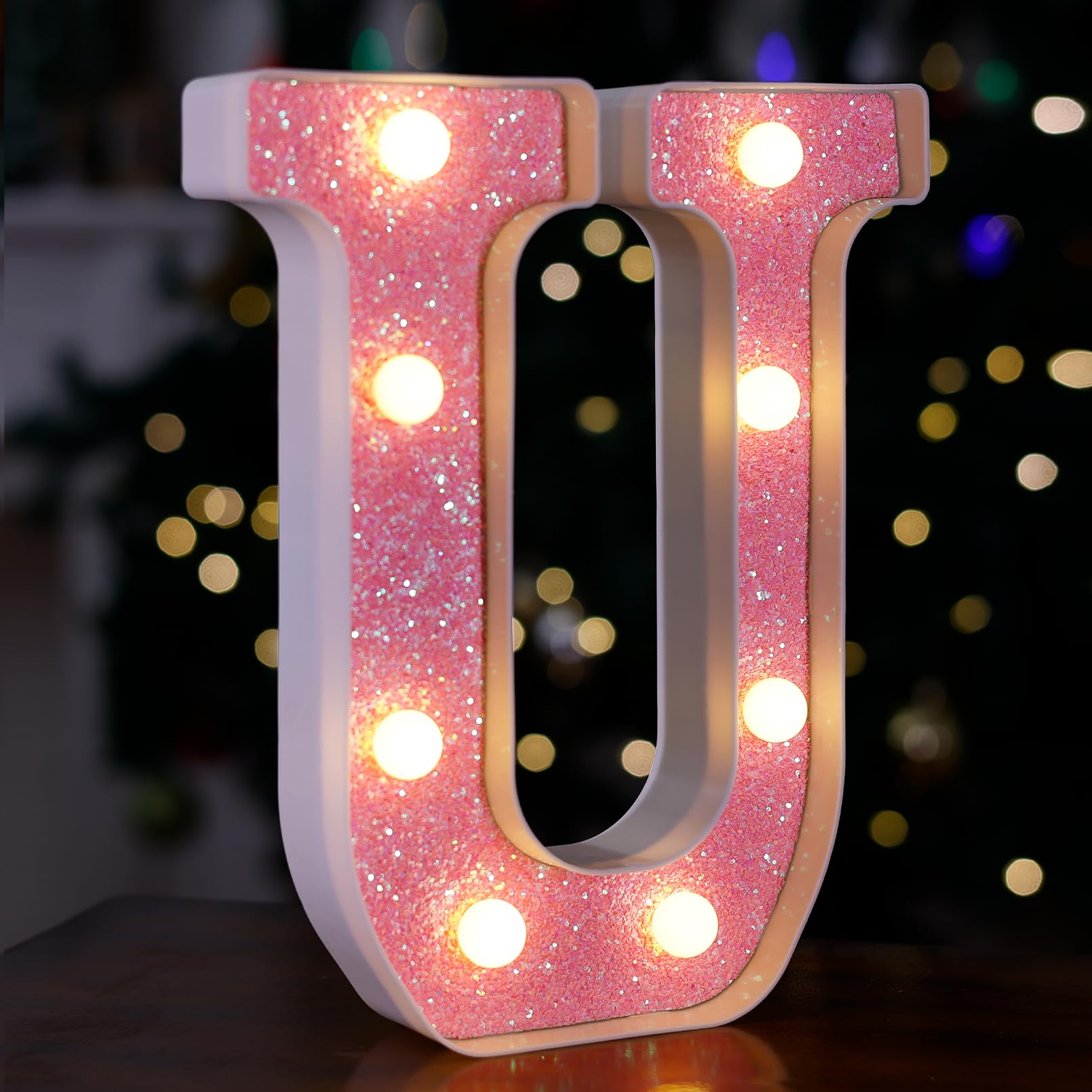 TRONSBOO LED Letter Lights Marquee Sign, Pink Glitter, Battery Powered, 7.09inx8.58inx1.57in, Model Pink-Light-U, Home Party Decoration
