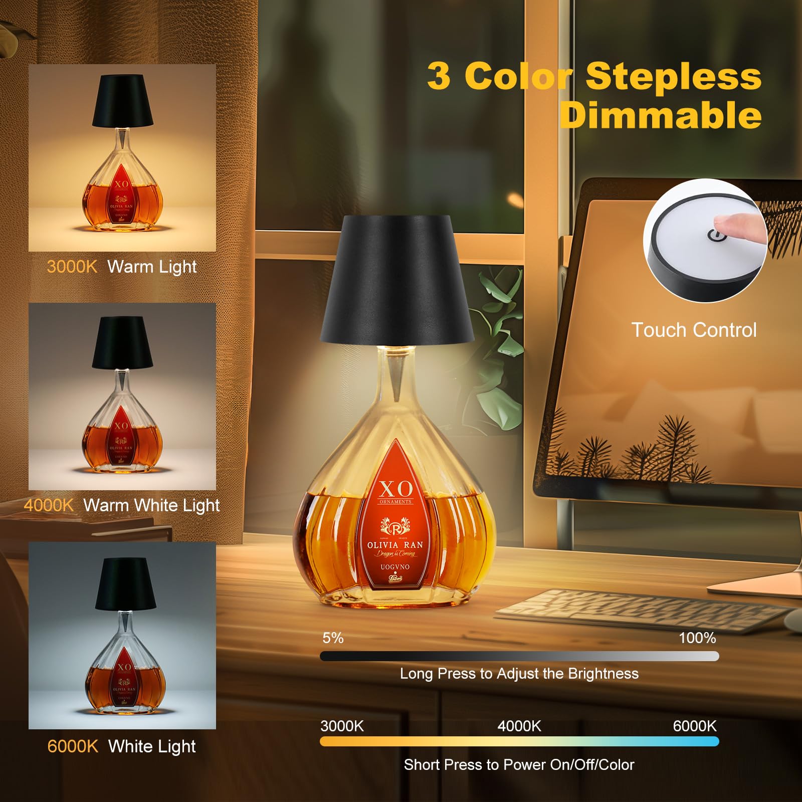 Mebaraul 2 Pack Wireless Bottle Lamps, Touch Dimming, Rechargeable, Black, Model JP001-RG01