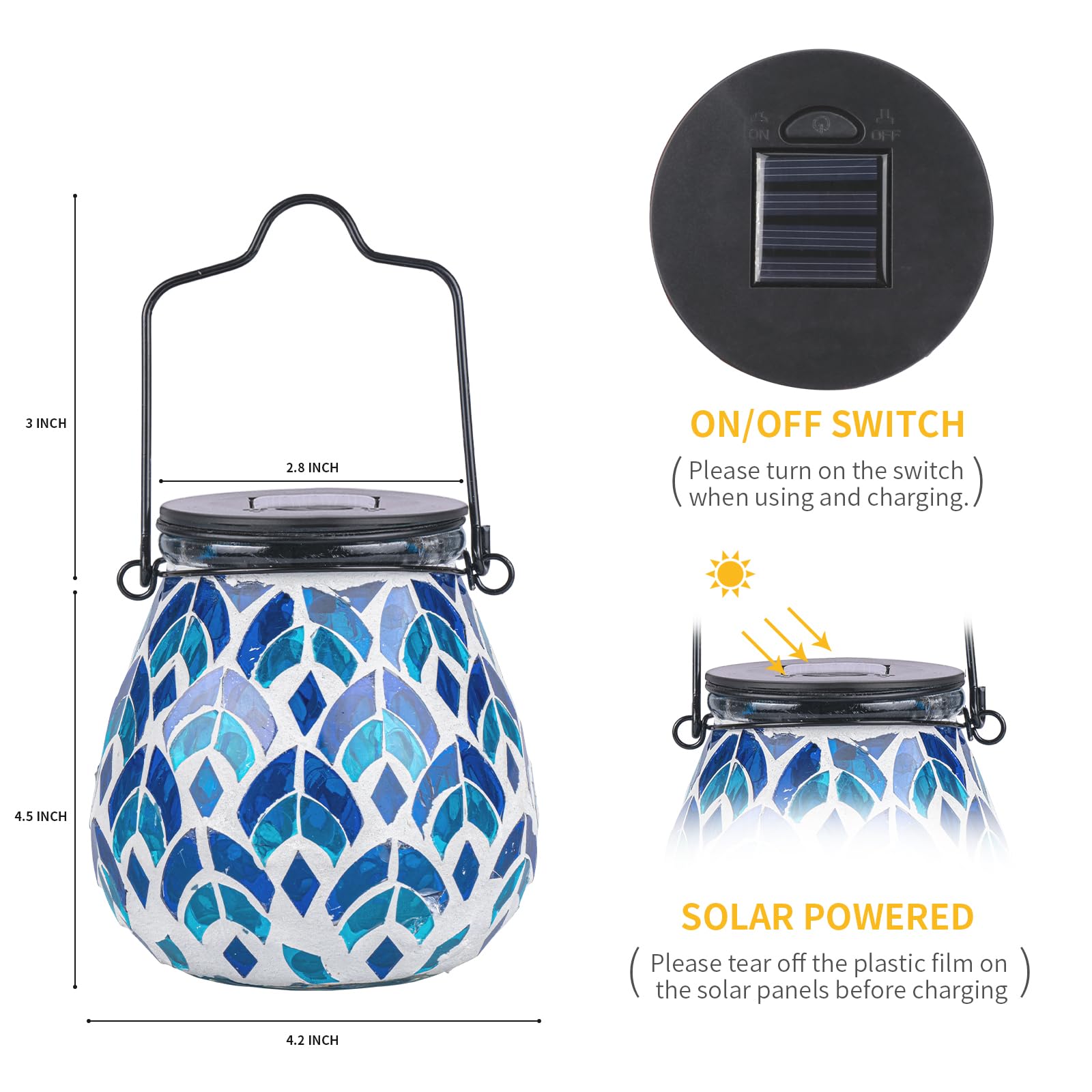 Afirst Mosaic Solar Lantern - Glass Hanging Lights, Waterproof, Blue, Model US-4400620-BL, For Garden & Patio Decoration, 1 Pack