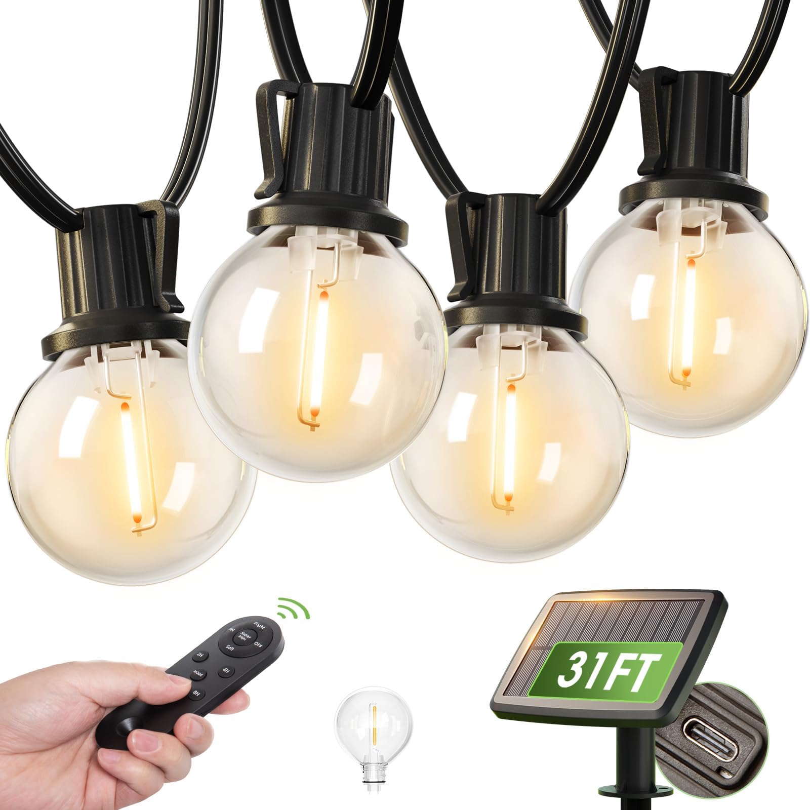 addlon 31FT (25+6) Solar String Lights with Remote, 13 Shatterproof G40 Bulbs, Solar Powered & USB Charging Patio Lights, Dimmab