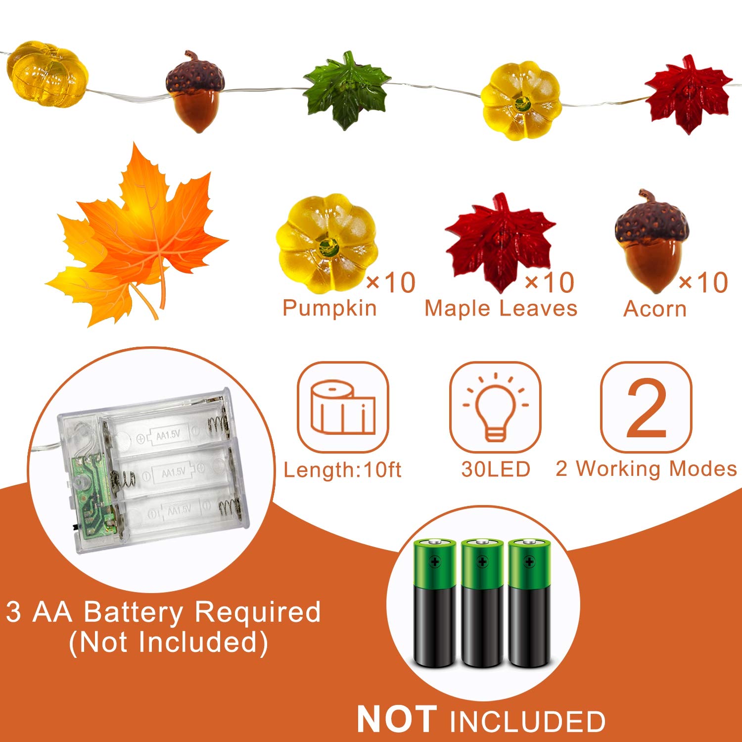 Turnmeon 30Led Pumpkin Lights - 10Ft Battery Powered Fall Decor For Thanksgiving, Indoor & Outdoor