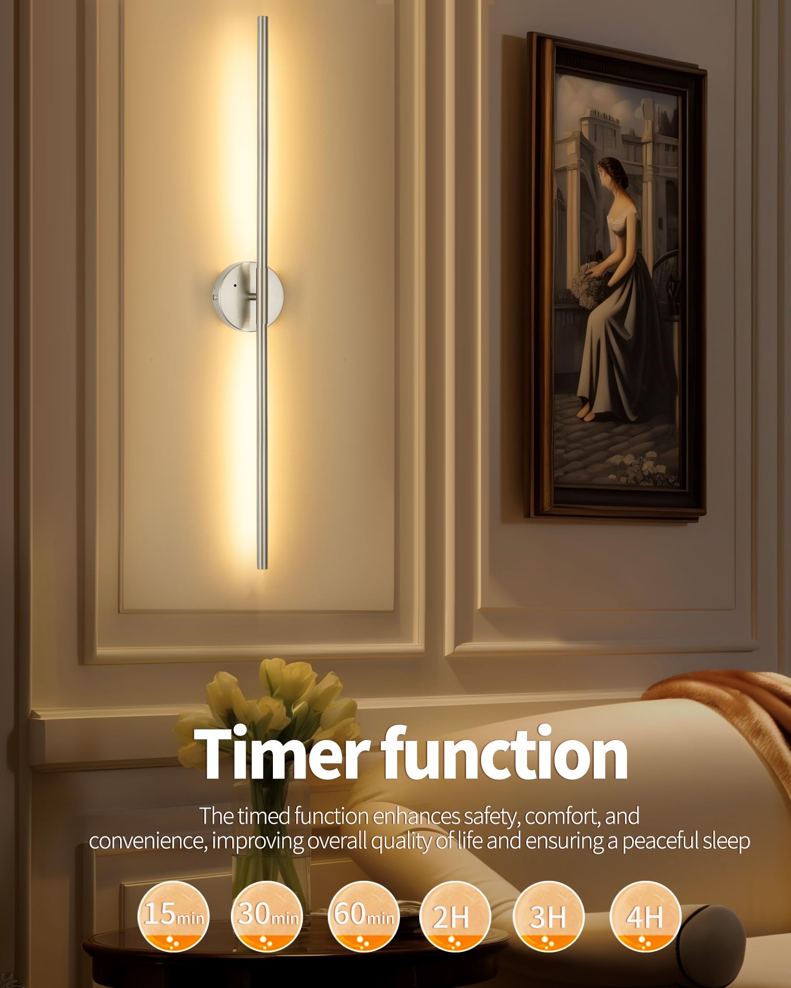 32 Inch Battery Operated Wall Sconce Set of 2 - Wireless, Rechargeable, Dimmable, 3000K-6000K, Remote, Touch Control, Timer, 350