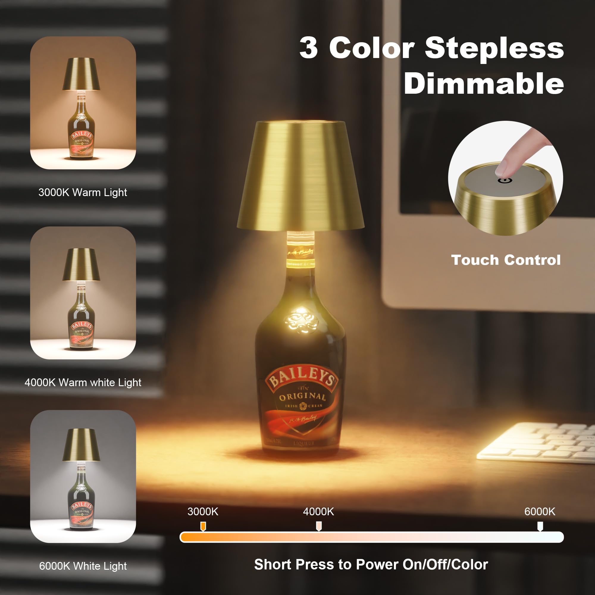 ULAROOM Wireless LED Bottle Lamp, Rechargeable USB-C, 3 Color Dimmable, Small Bedside Desk Lamp, Gold