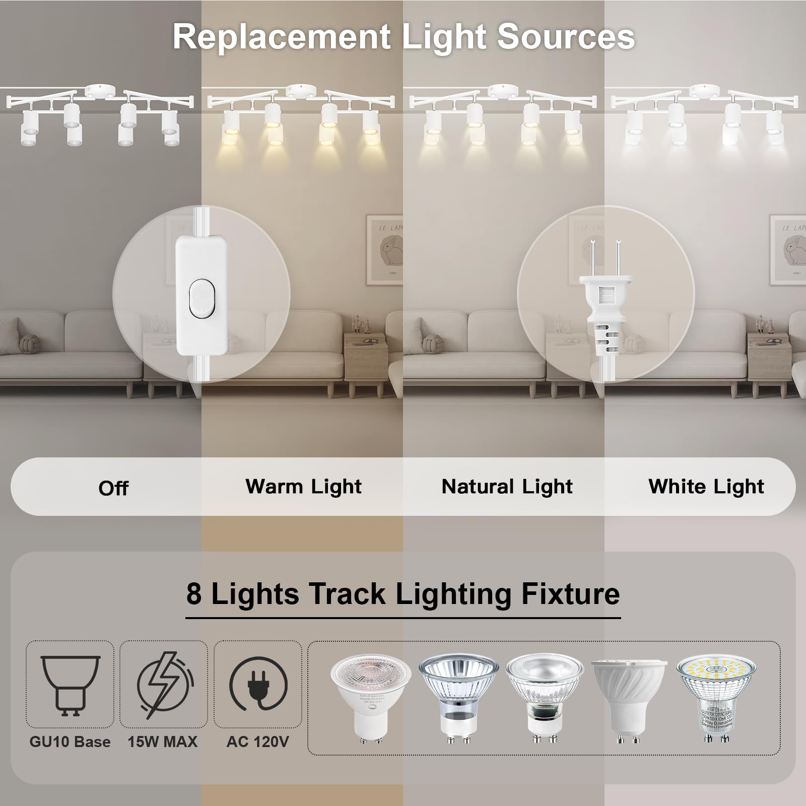 Track Lighting Plug In  Led Track Lighting Fixtures Ceiling Kit  White 8-Light Ceiling Light Plug-In  Wall Light With 15Ft Power Cord  Rotatable Kitchen Spotlight For Bedroom(Gu10 Socket  No Bulb)