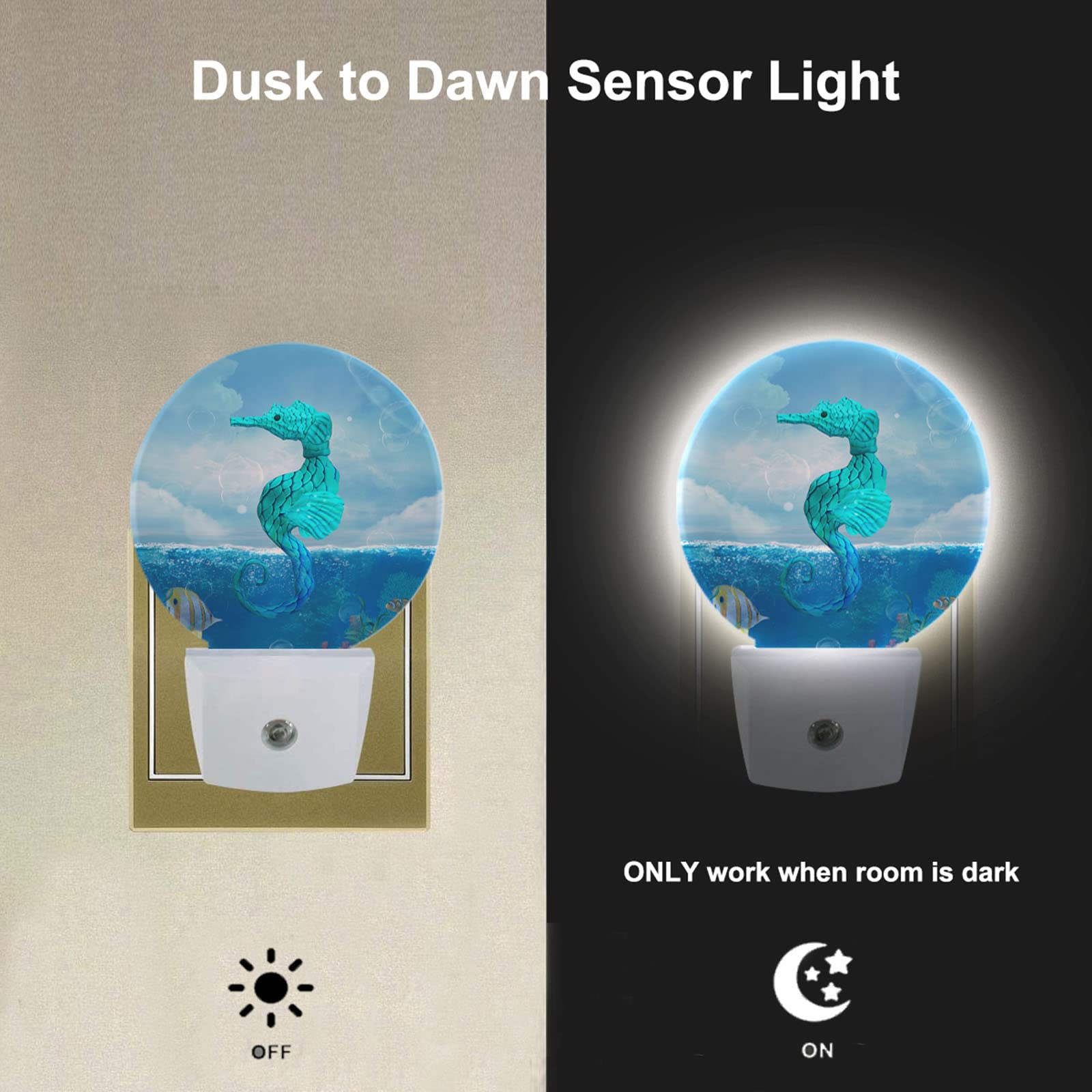 Ekobla Seahorse Led Night Light Watercolor Ocean Animal Marine Wildlife Fish Seahorses Blue Dusk To Dawn Night Lamp Auto Sensor