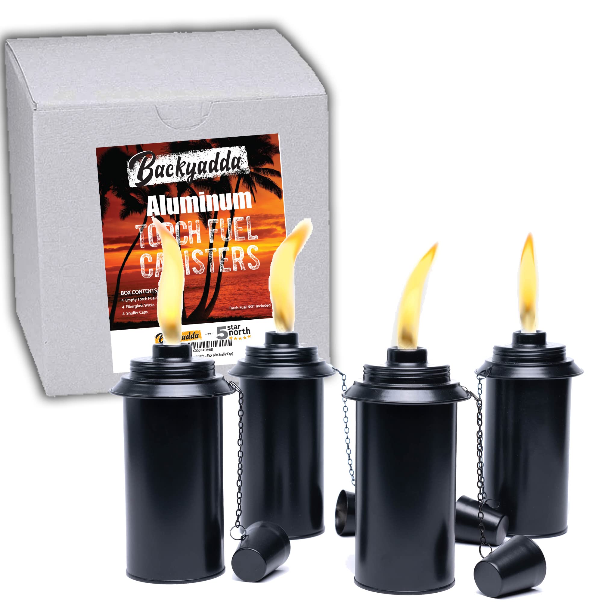 Backyadda 16 Oz Aluminum Tiki Torch Canister Replacement, 4-Pack, Rust-Proof, Easy Fill, Black Matte