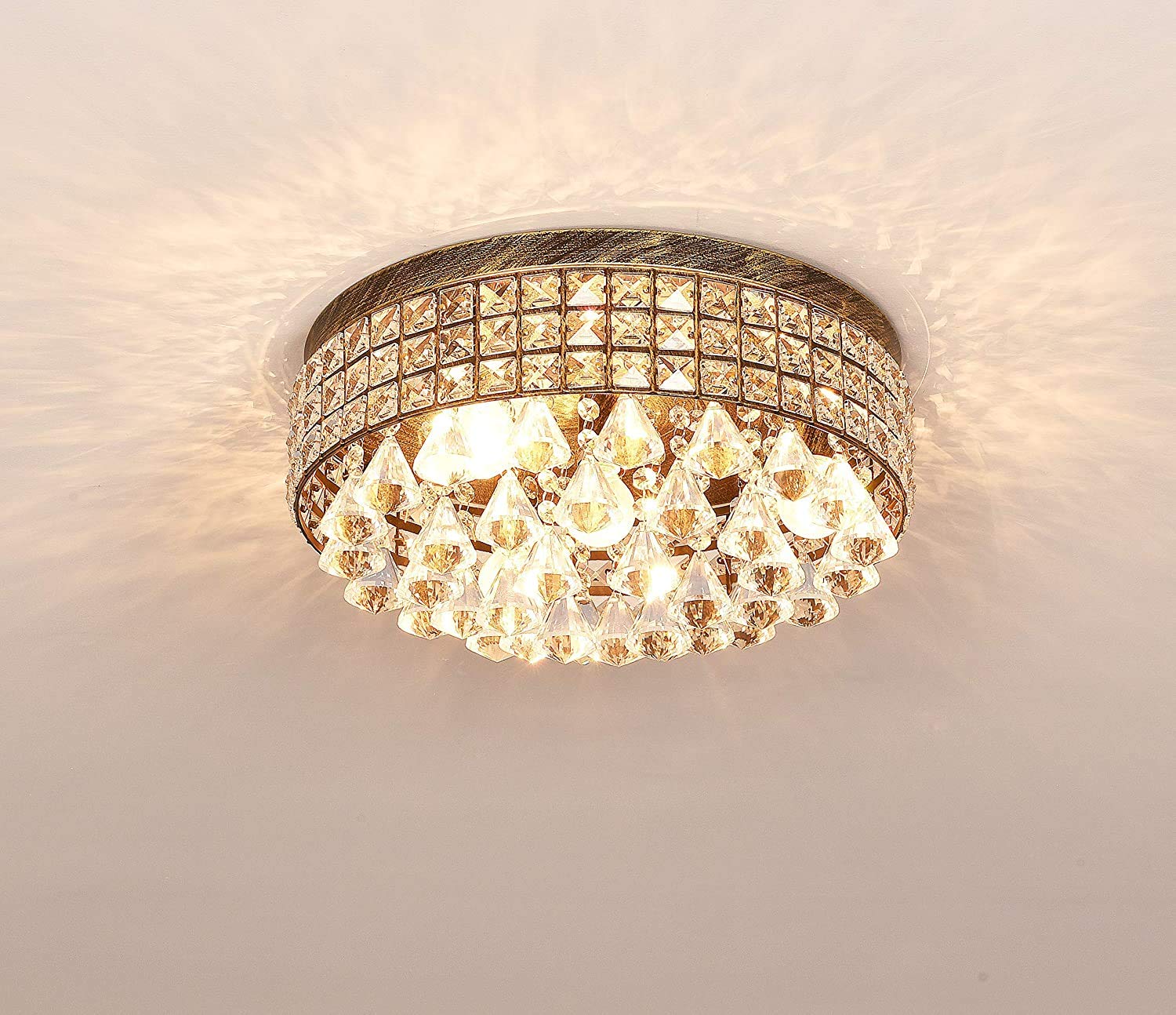 Maxax 4 Lights Crystal Chandelier, Modern Drum Ceiling Light Fixture, Mini Crystal Flush Mount Round Metal Shade Raindrop Chande