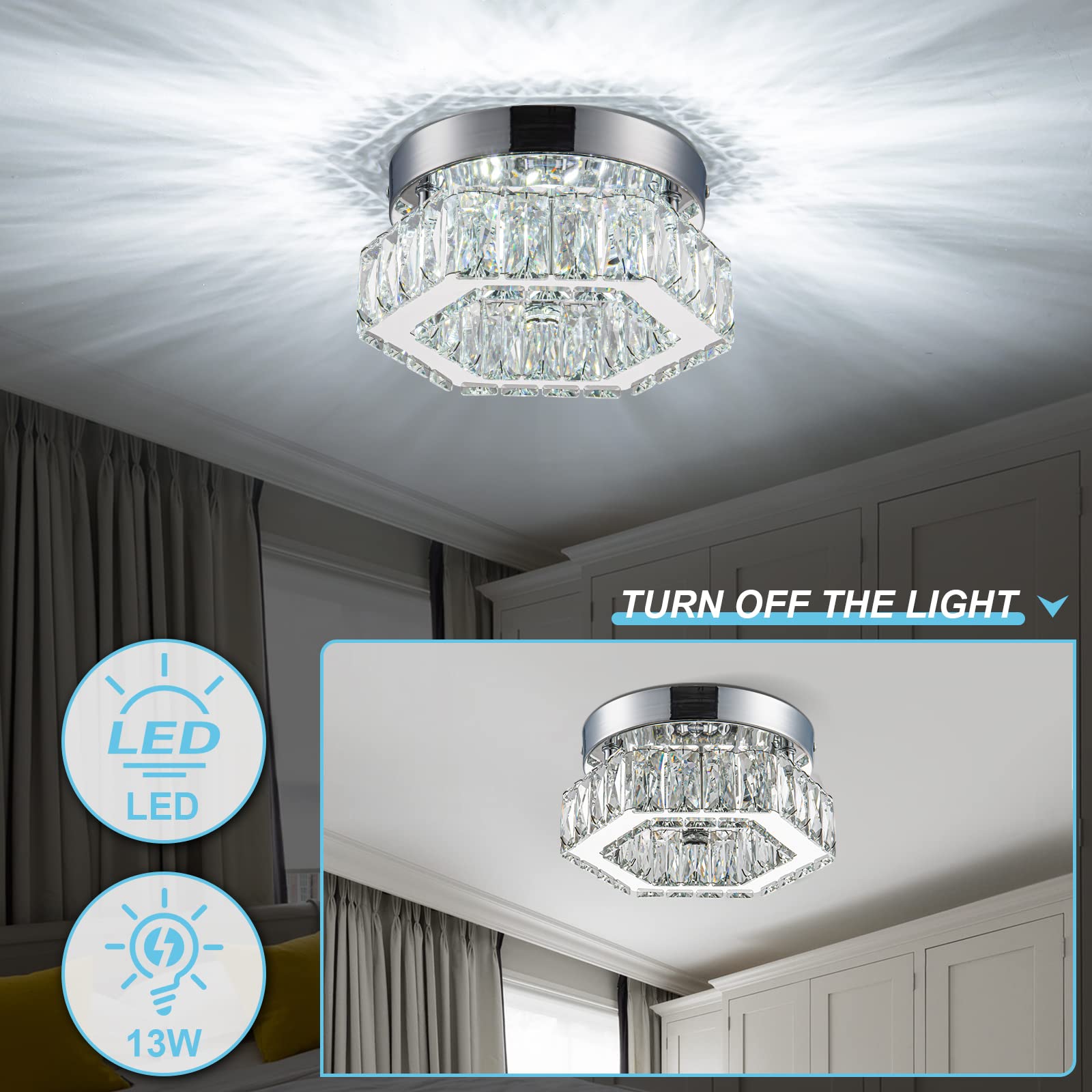 Homlaiting Mini Crystal Chandelier Led Flush Mount Light, Cool White For Bedroom & Kitchen