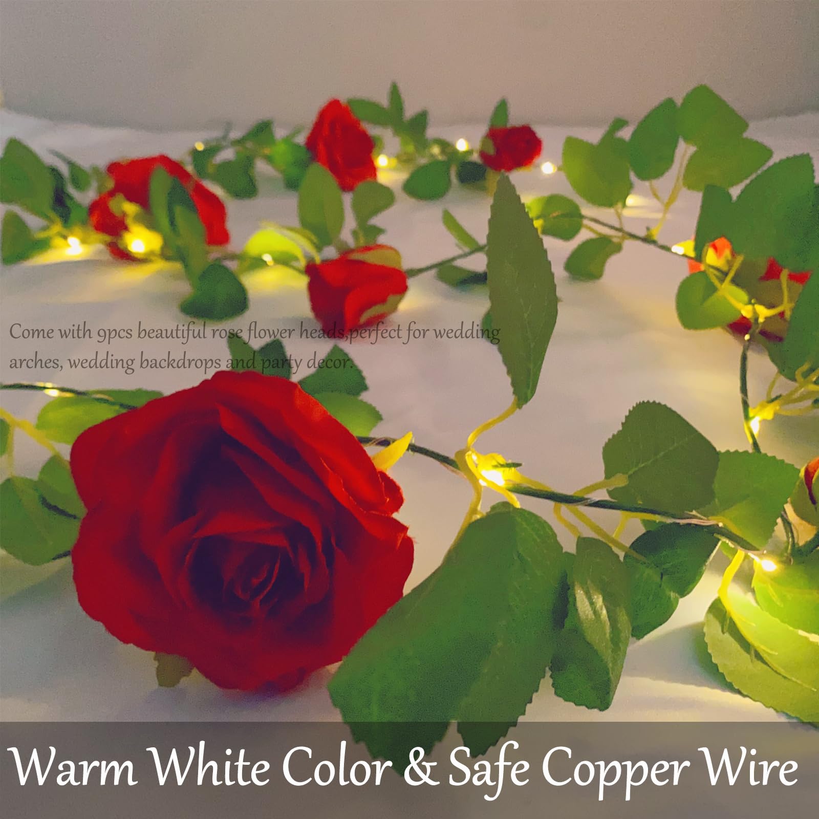 Fielegen 20 LED Rose Vine Lights, Red Plastic Garland, 6.56ft with Timer, Model 9Rose-Red for Home Garden Wedding Decor
