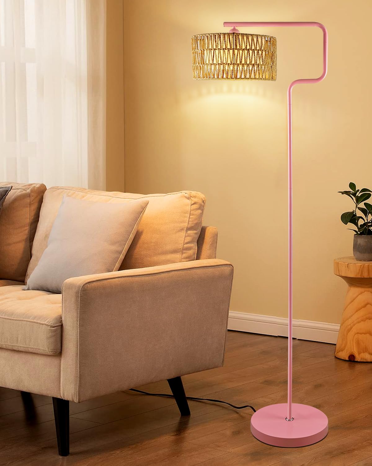 Lightdot Rattan Floor Lamp, Boho Arc Design, Double Shades, Foot Switch, Pink Model LFLL-M-97A