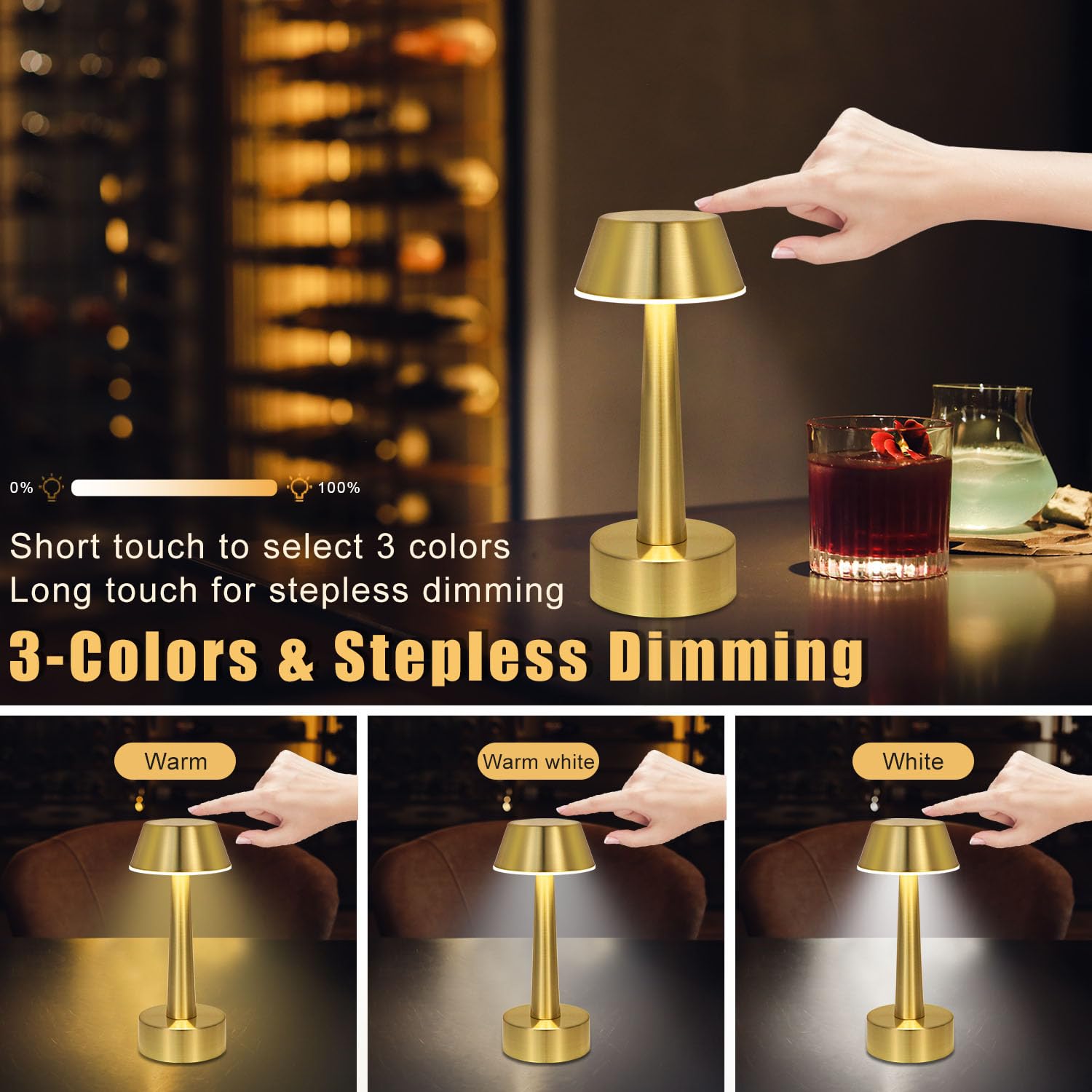 UMEXUS Cordless Table Lamp - Rechargeable, Gold, 3-Way Dimmable, Small, Portable Night Light for Home & Outdoor Decor, Model RG-15825