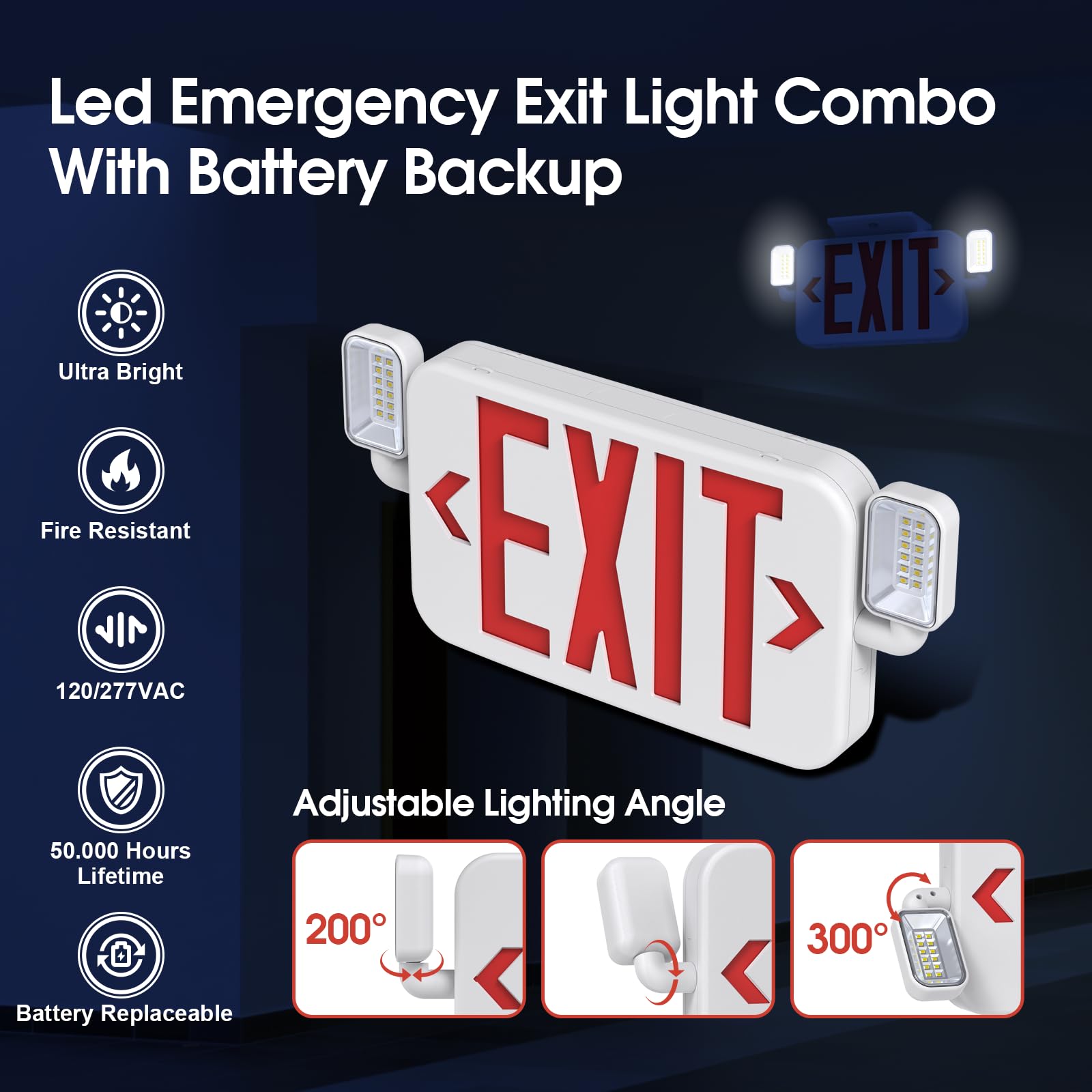 Sitisfi Led Combo Emergency Exit Sign Light With Two Adjustable Head Lights And Backup Battery Exit Light,Us Standard Red Letter Commercial Emergency Exit Lighting,Ul 924,Ac120/277V (6Pack)
