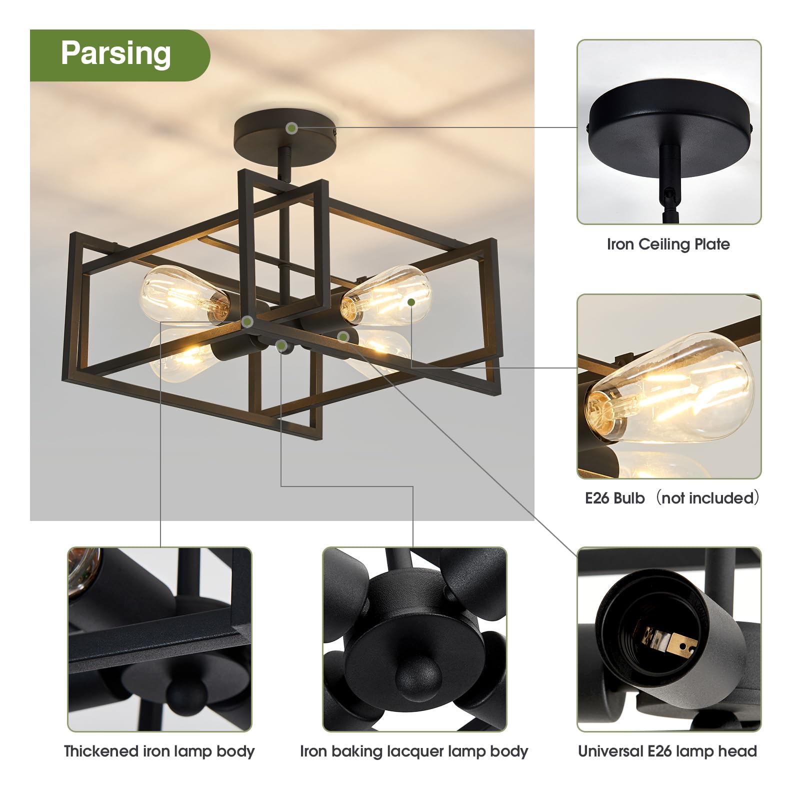Szxykeji 2-Pack Close To Ceiling Light Modern Black Flush Mount Ceiling Light Fixture 18.89 Inch E26 Base Chandelier Lighting Fo