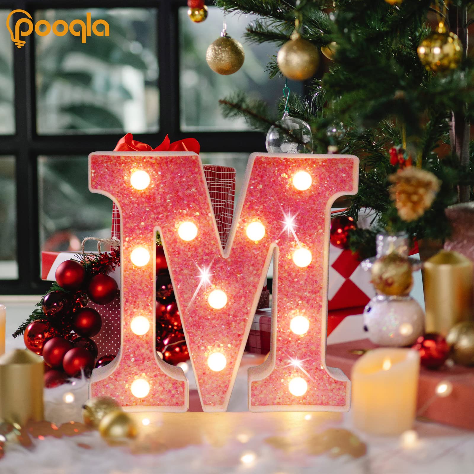 Pooqla LED Marquee Letter Lights, Pink Glitter Alphabet Sign, Battery Powered for Parties and Decorations, Sequin Pink