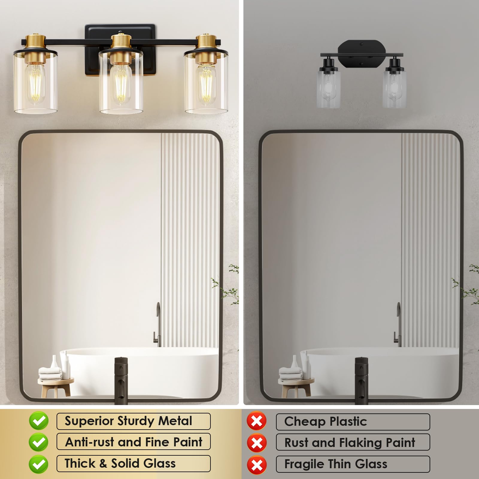 SANGFOR Bathroom Light Fixtures, Vanity Lights with 3 E26 Sockets, Brushed Gold & Black, Model 1, Glass Shades