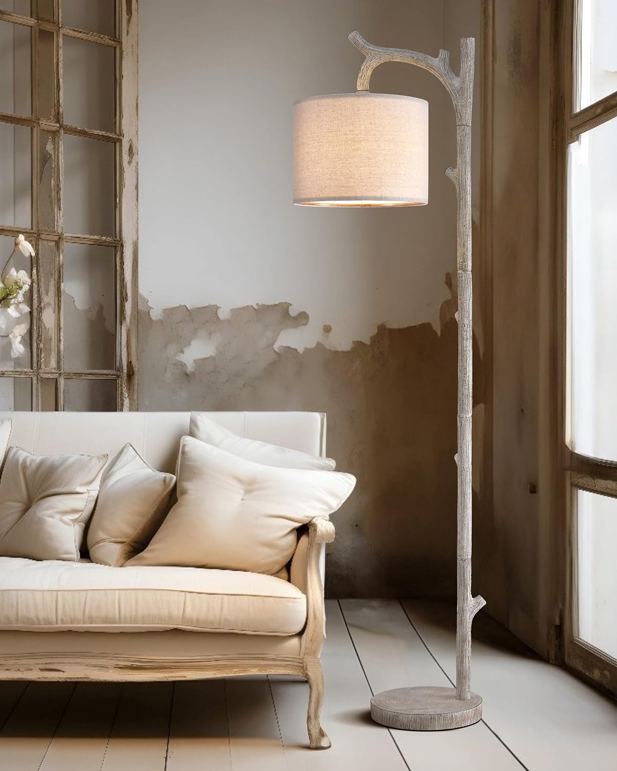 OYEARS Rustic Floor Lamp - 61.25in Vintage Tree Trunk Design, Washed White Resin, Model AMZ-F1159RS, Ideal for Bedroom or Living Room
