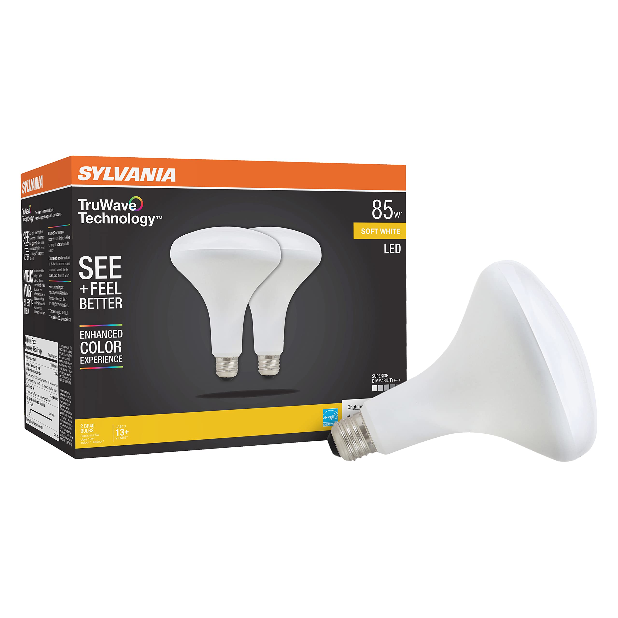 Sylvania Truwave Br40 Led Light Bulb, 85W = 12W, Medium Base, Dimmable, Frosted, 2700K, Soft White - 2 Pack (40785)