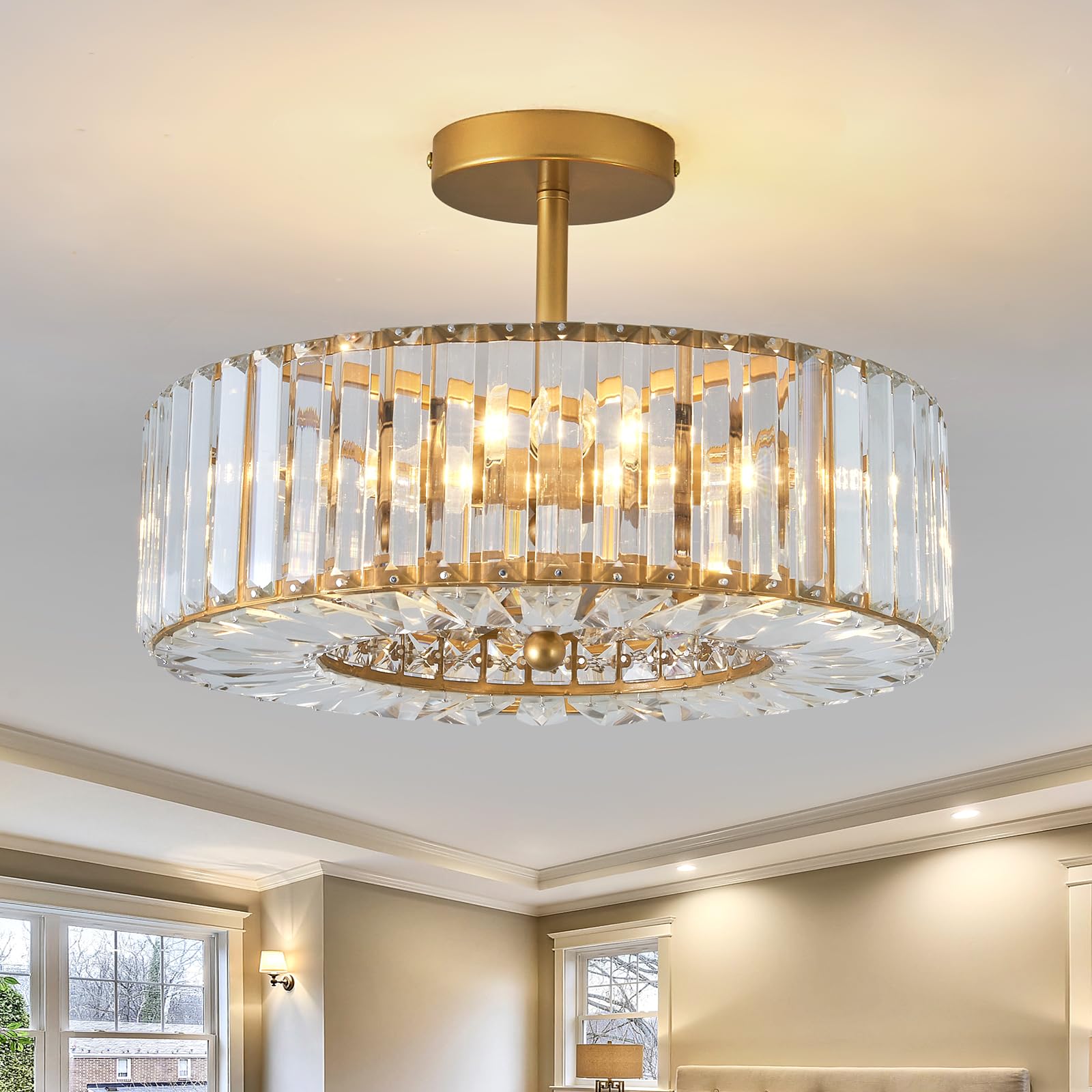 Piepooye 4 Lights Modern Crystal Chandelier Gold Round Semi Flush Mount Ceiling Light Fixture Farmhouse Chandelier For Dinning Room Living Room Bedroom Hallway Entryway Kitchen