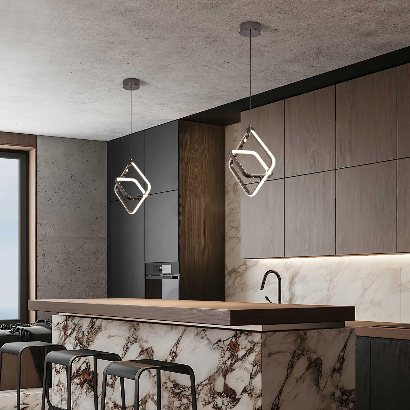 Bnhhlz Modern Led Chandelier Black Farmhouse Rectangular Pendant Light Fixtures 4000K 20W Dimmable Height Adjustable Pendant Lig