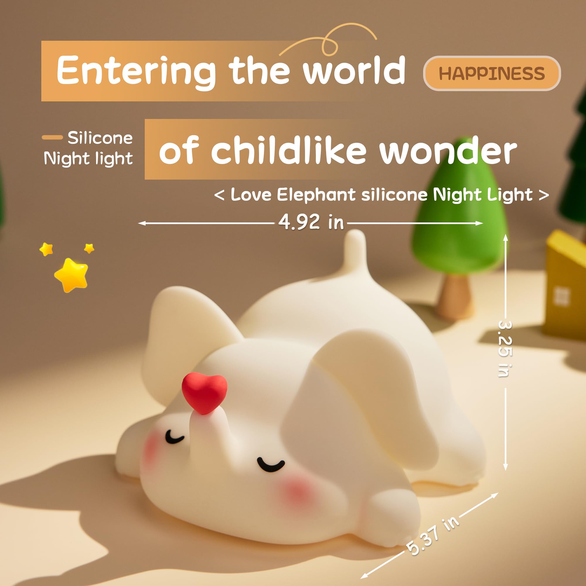 Icotoibabie LED Night Light - Cute Love Elephant, Dimmable, Rechargeable, Small, Silicone, Warm Brightness, Model A033, White Color