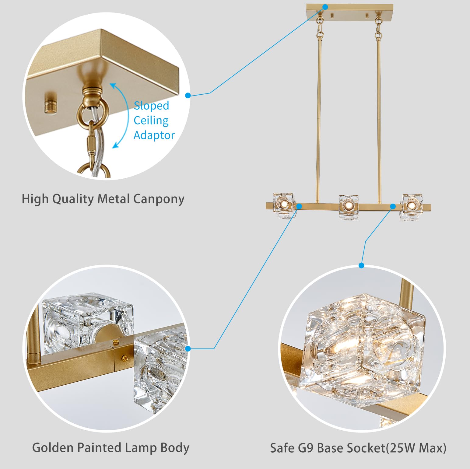 XINGQI 6-Light Gold Linear Chandelier - Metal Industrial Pendant for Kitchen, Dining, Living Room