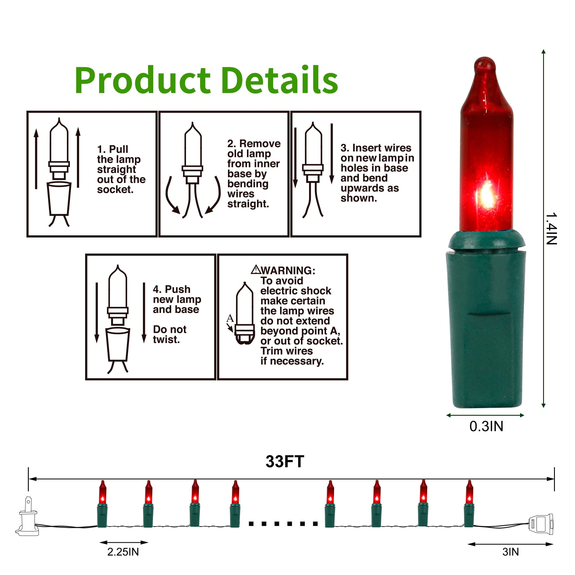 LJLNION 3 Sets Christmas Lights, 150 Count Mini String Lights, 33 FT Each, Green Wire, UL Certified, Red