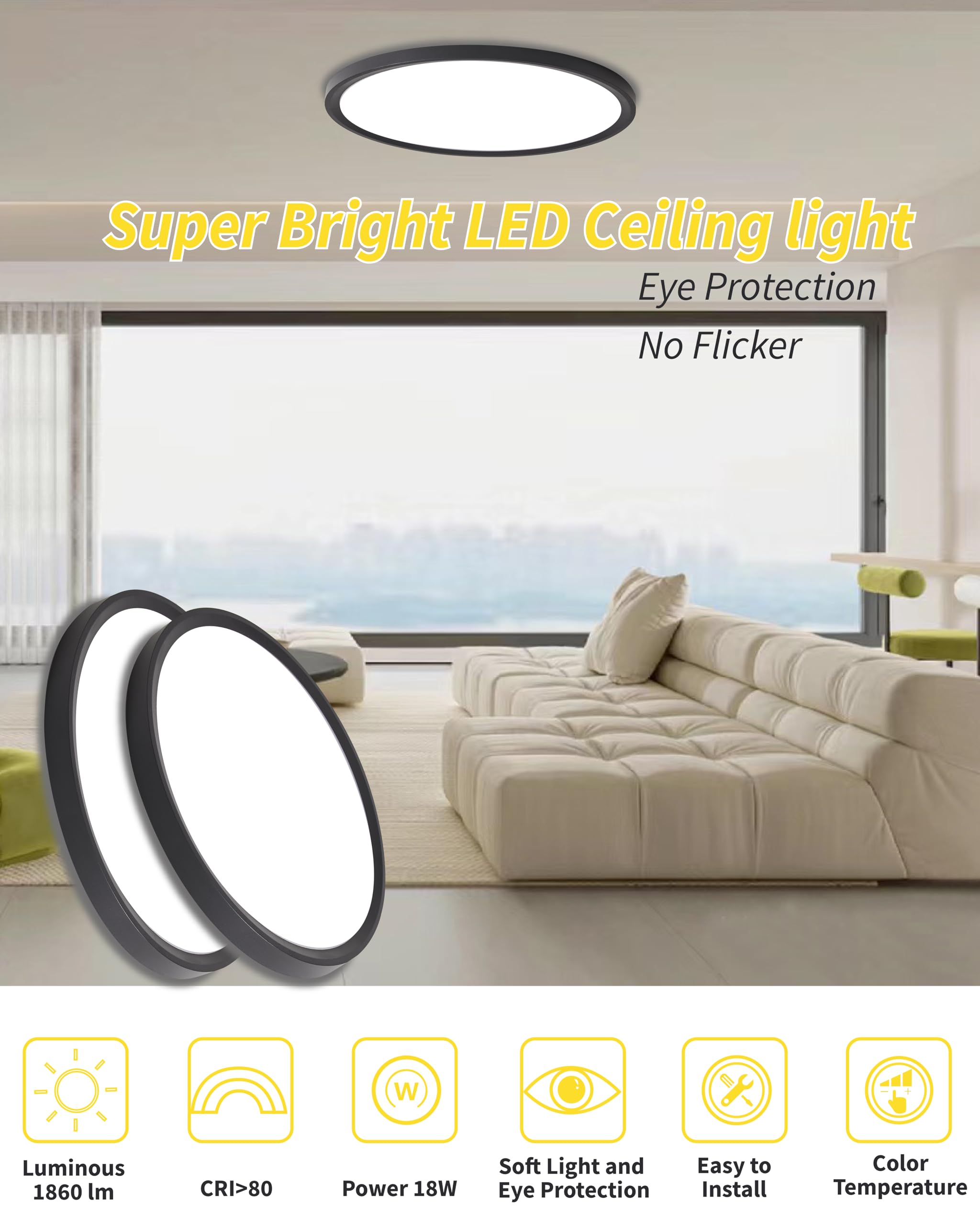 Bright Future Lighting 6-Pack 9 Inch Flush Mount LED Ceiling Light 18W 3000K/4000K/6000K Selectable Black Model BFL9-D230H23-