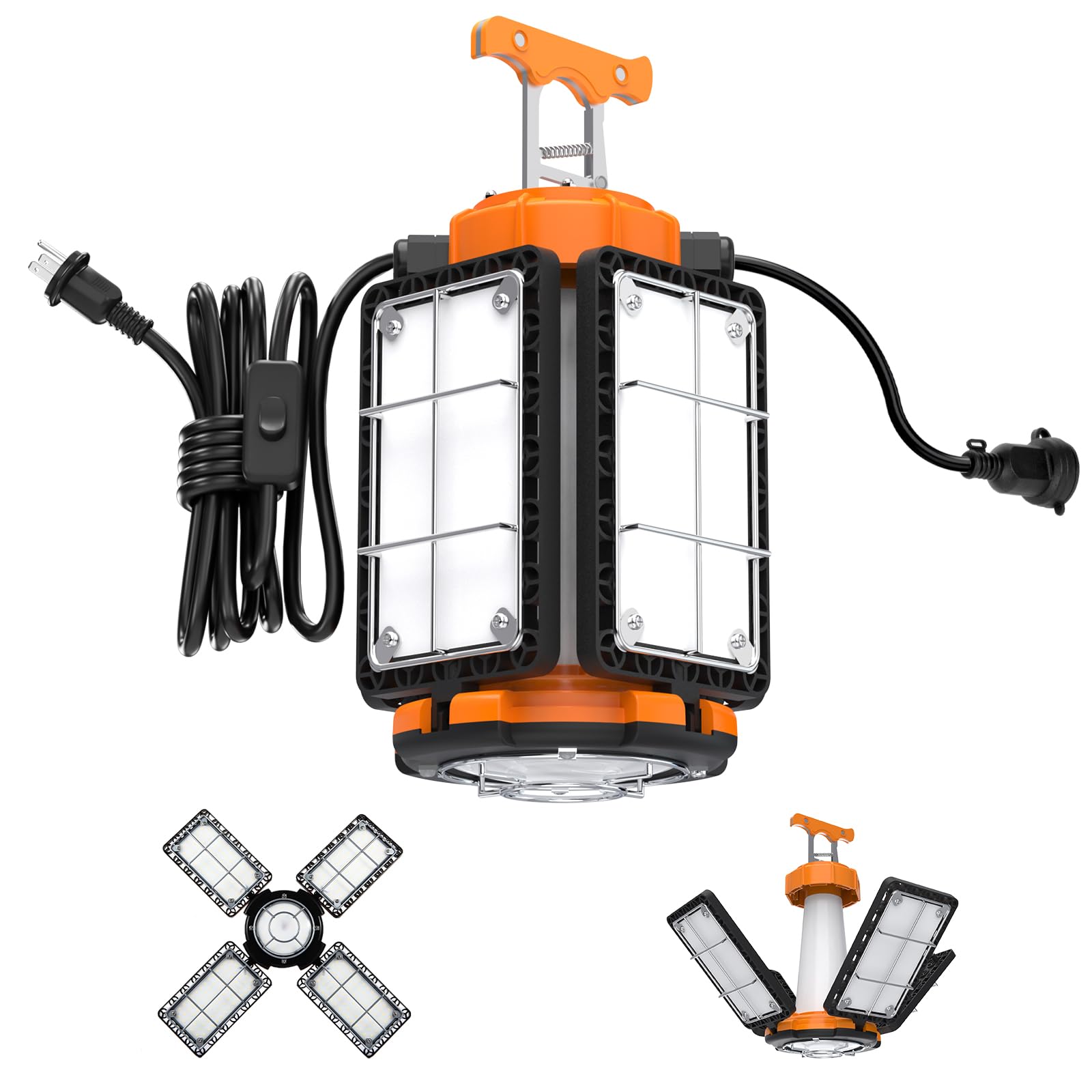 LED Temporary Work Light: 100W 15000Lumen with Brightness Adjustable Switch, 4 Deformable Panels Linkable Hanging Work Light, Po