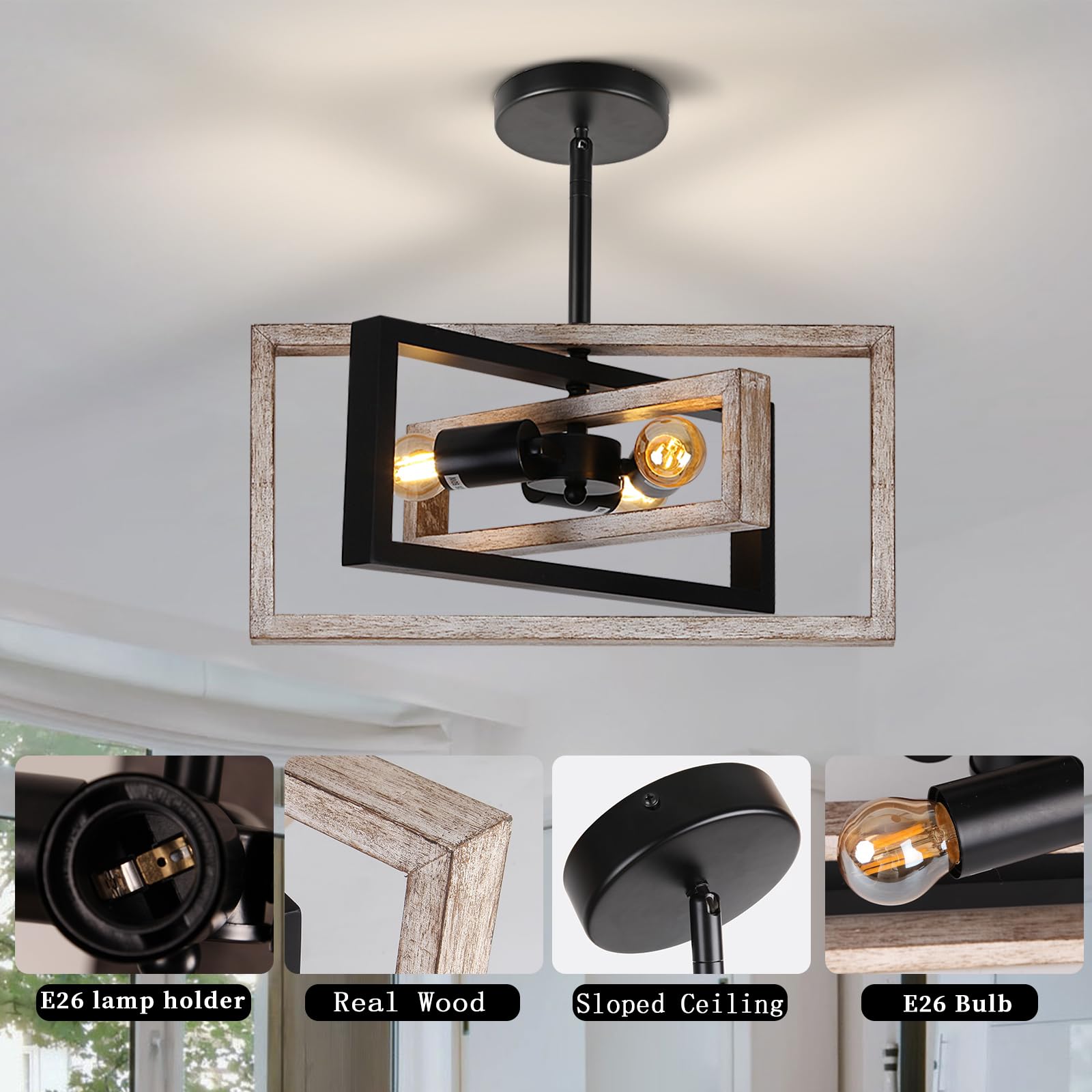 Huismier Farmhouse 3-Lights Flush Mount Ceiling Light Fixture  Industrial Wood And Metal Chandelier  Retro Close To Ceiling Lighting For Kitchen Entryway Hallway Bedroom Dining Room Living Room Foyer