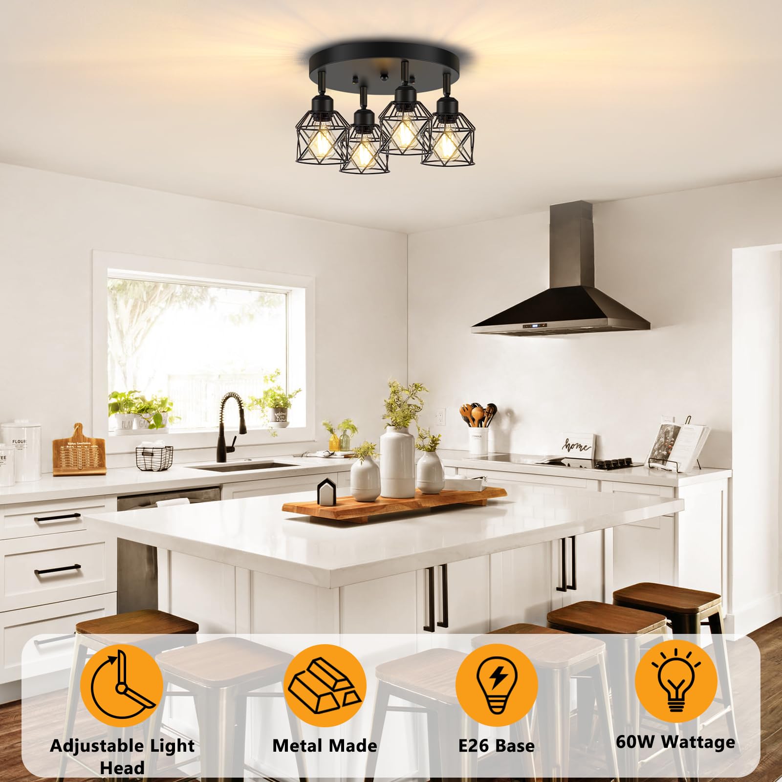 Baocuz 4-Light Kitchen Light Fixtures Ceiling Mount, Adjustable Multi-Directional Black Flush Mount Ceiling Light Fixture, Farmh