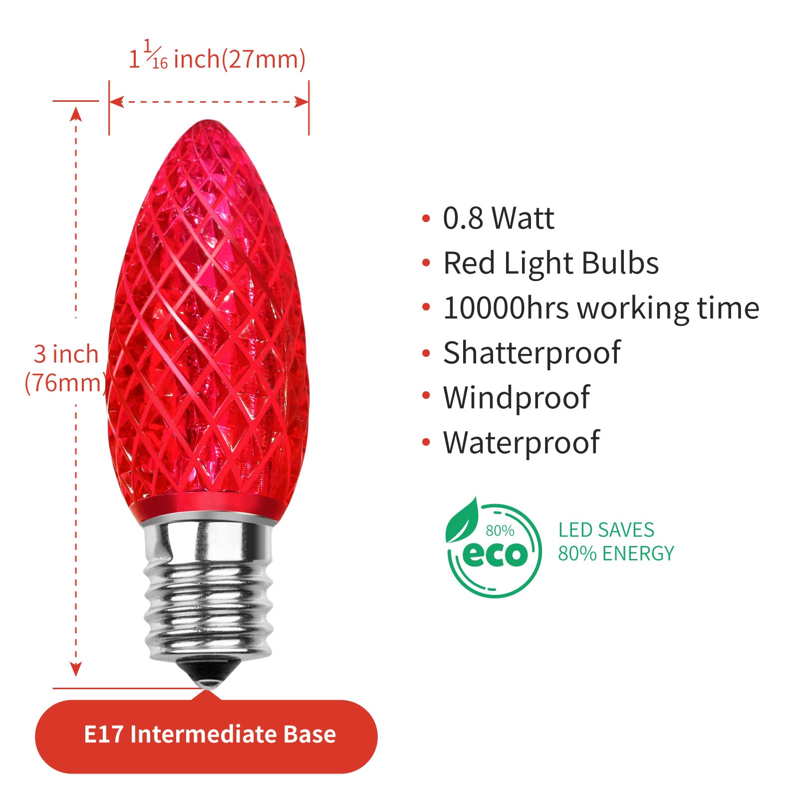 Meconard C9 Led Replacement Christmas Light Bulbs, C9 Shatterproof Led Bulbs For Christmas Indoor Outdoor String Lights, E17 Intermediate Base, Commercial Grade Holiday Bulbs, Red, 25Pack