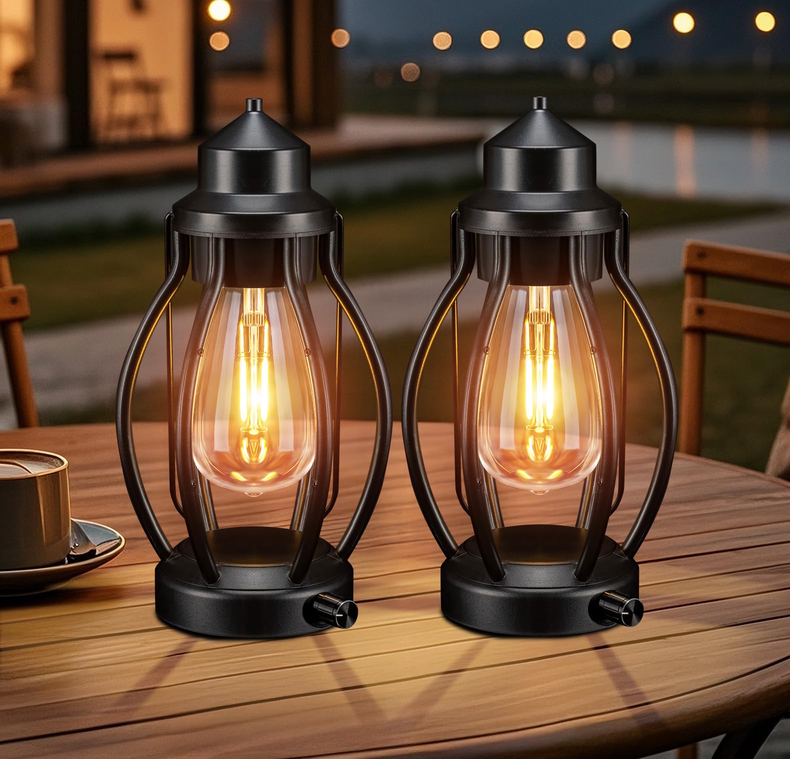 pearlstar Rechargeable LED Lanterns, Vintage Portable 2 Pack, Fully Dimmable, Black, Model 1710