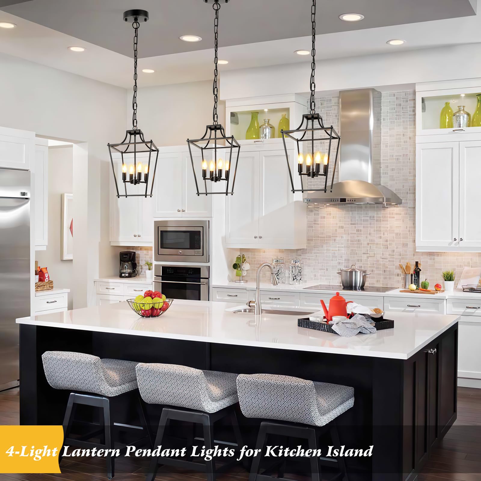 Foucasal Black Lantern Pendant Light 4-Light Pendant Light Fixtures Hanging Farmhouse Chandelier With E12 Bulb Base, 12'' Adjust