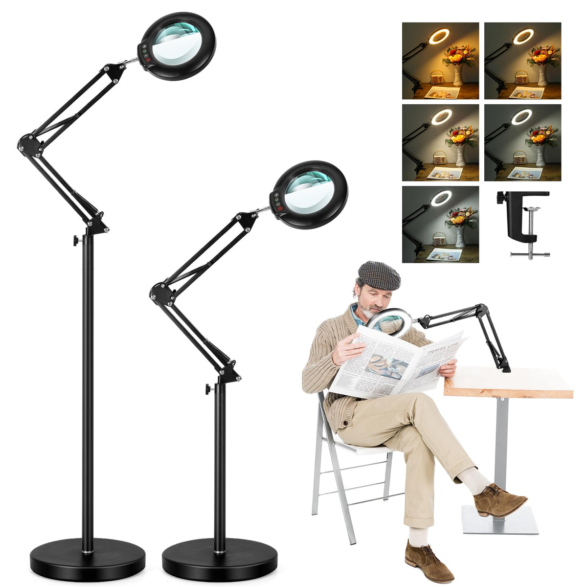 Ivmaie 10X Magnifying Floor Lamp With Light And Stand, 3-In-1 Adjustable Swivel Arm Led Magnifier, Black