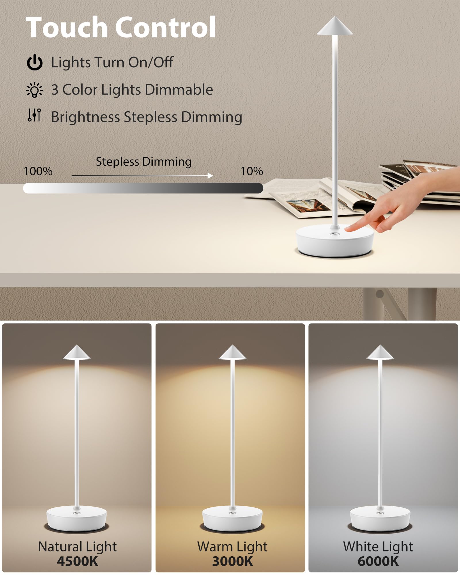 SHANGCAI Cordless Table Lamps, Rechargeable LED Desk Lamp, Waterproof, Touch Dimmable, Set of 2, White