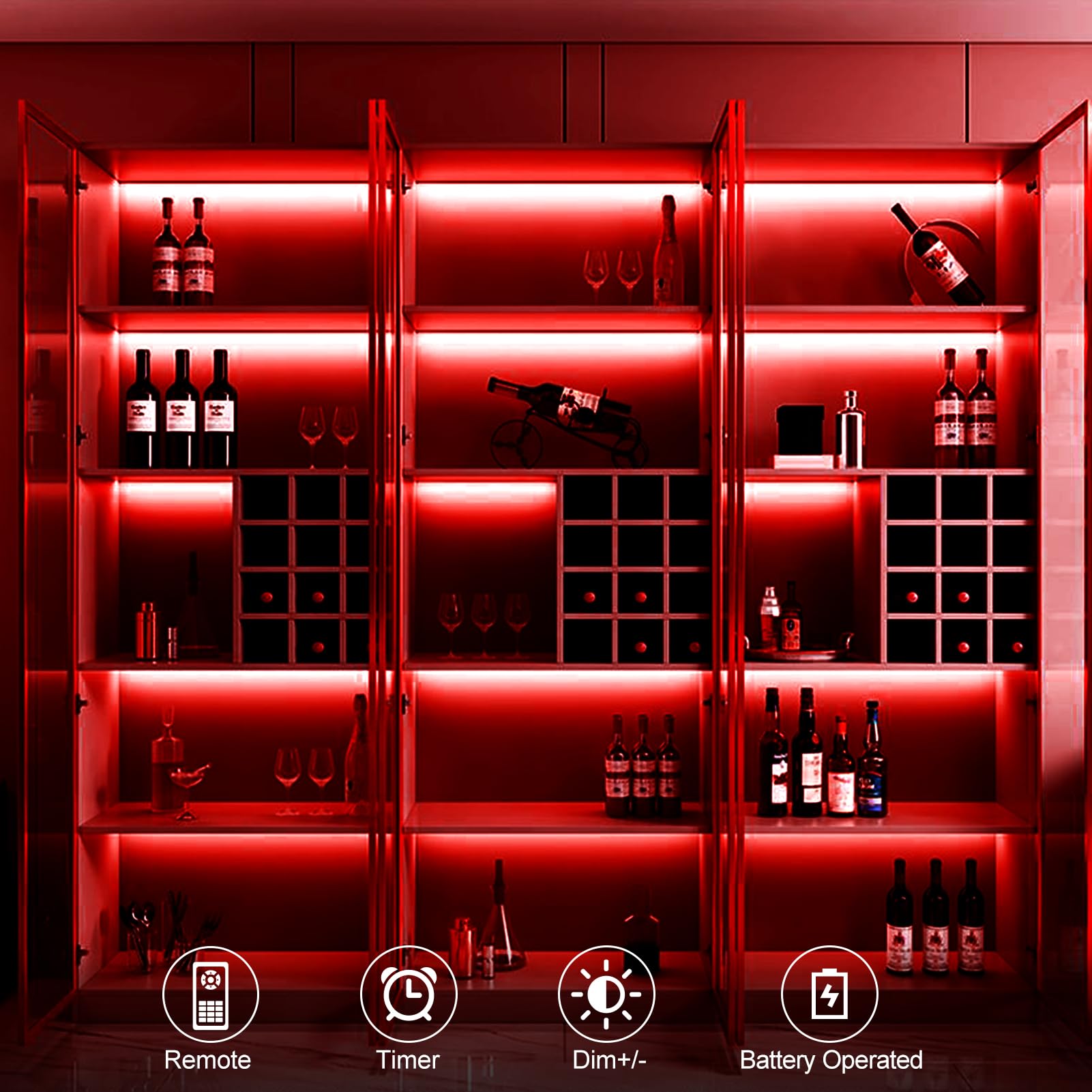 Echosari Led Strip Lights Battery Powered, 90 Led Red 2835 Smd Strip Lights 9.8 Ft Cuttable Self-Adhesive Strip Lights With Remote Timer For Outdoor Indoor Party Bedroom Decoration