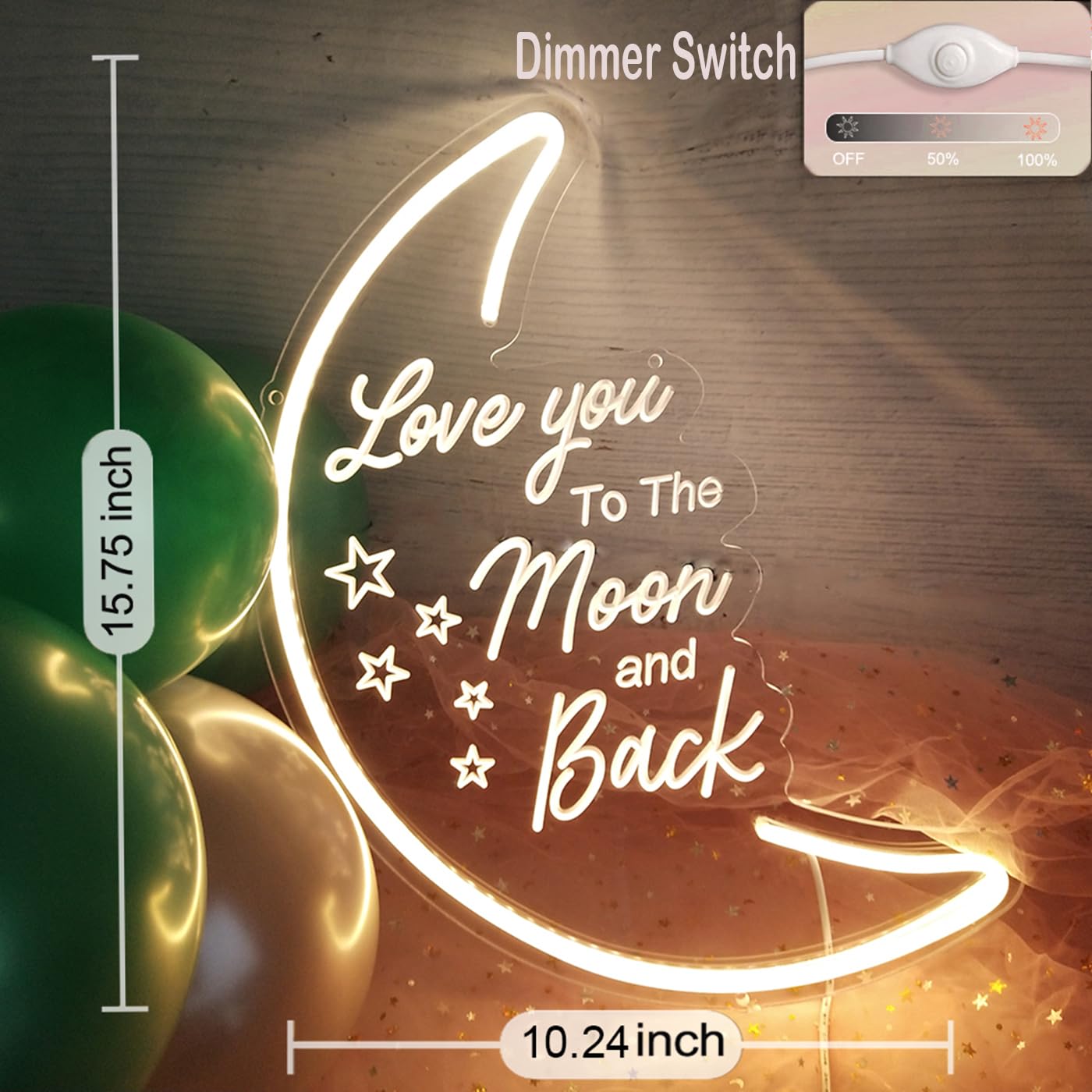 Britrio LED Moon Neon Light Sign, 15.75”x10.24”, Warm White, Acrylic, Model MOON&BACK15WW, Home Decor Night Light
