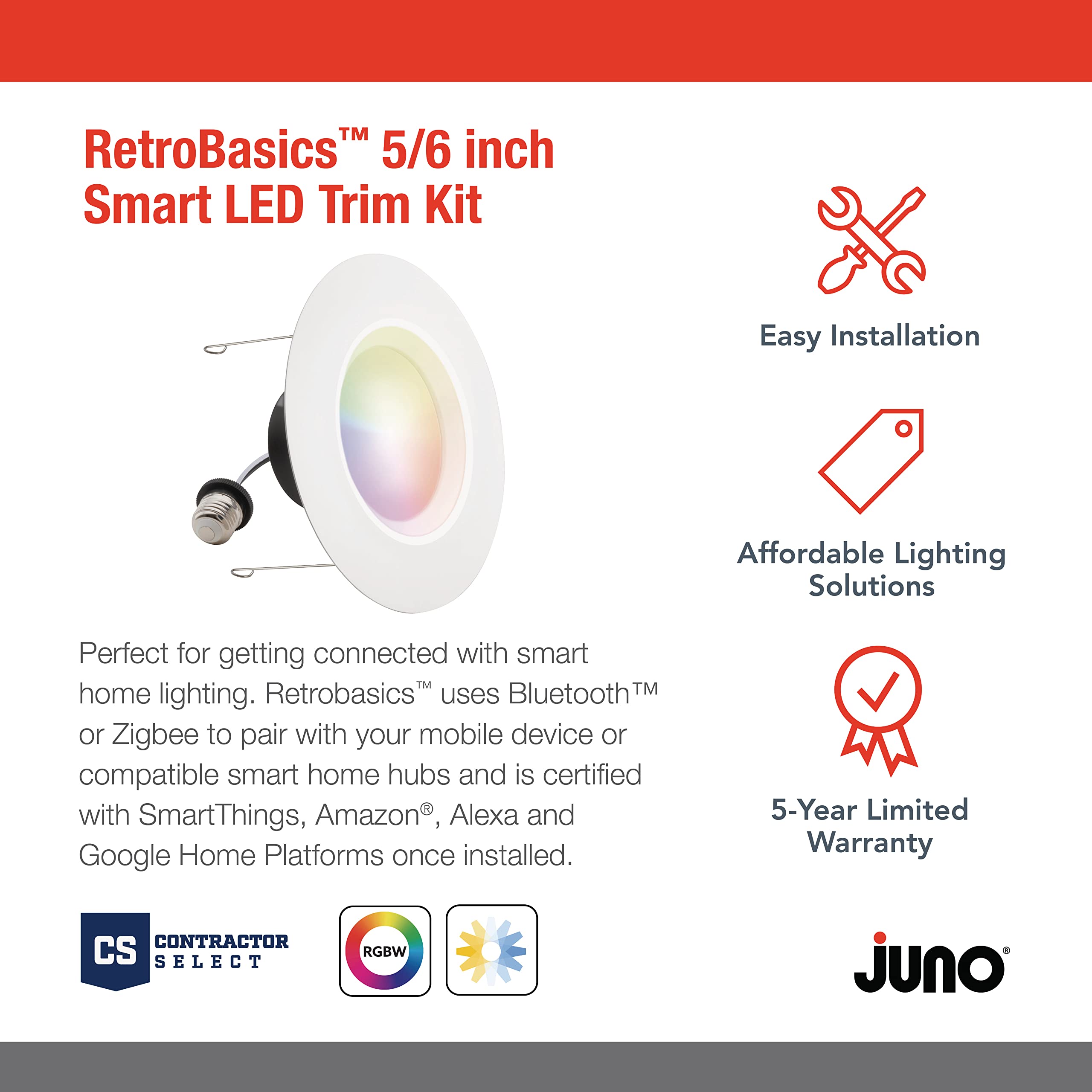 Juno RB56SC RGBW RetroBasics Smart Downlight, 5/6-Inch, Matte White, Switchable RGBW